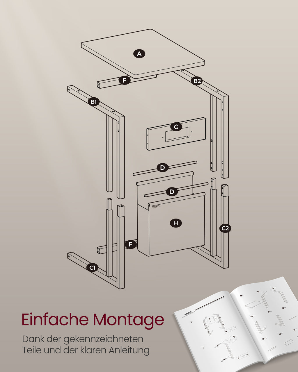 Beistelltisch C-Form mit 2 AC-Steckdosen cremeweiß