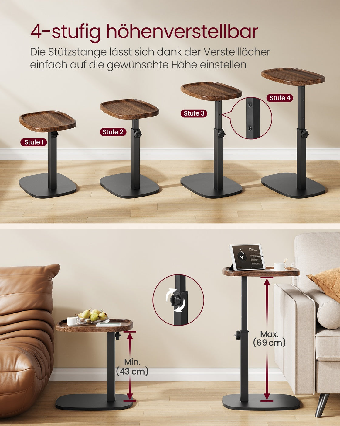 "Beistelltisch Sofatisch C-Form höhenverstellbar 30 × 40 × 69 cm walnussfarben-tintenschwarz  "