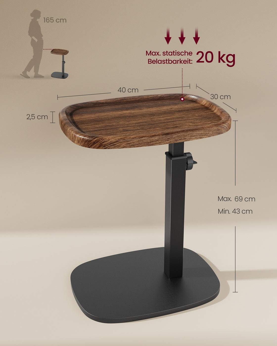 "Beistelltisch Sofatisch C-Form höhenverstellbar 30 × 40 × 69 cm walnussfarben-tintenschwarz  "