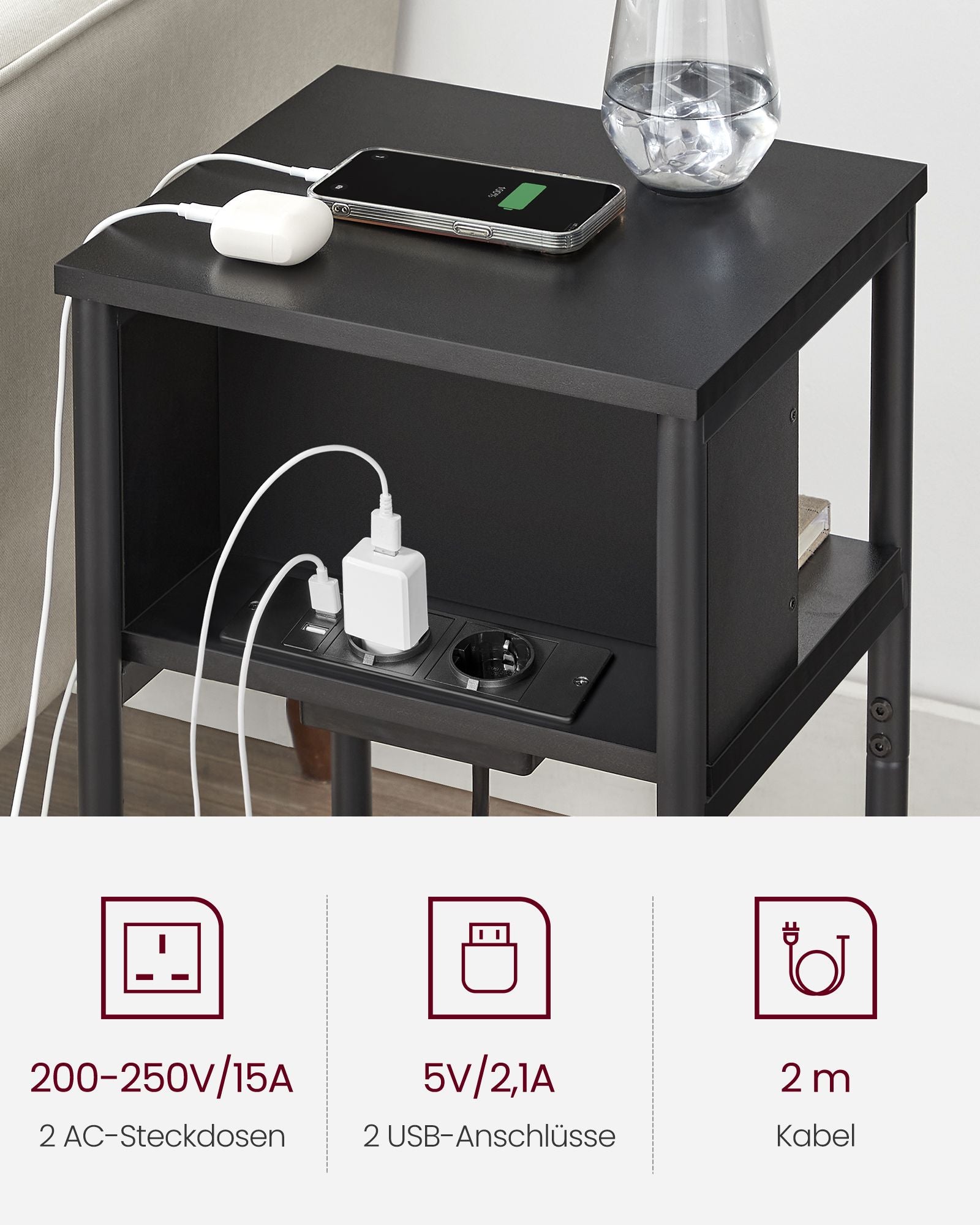 Beistelltisch mit 2 AC- und USB-Anschlüssen schwarz