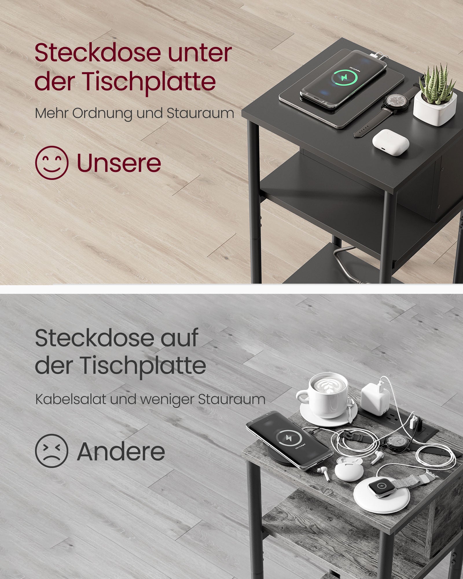 Beistelltisch mit 2 AC- und USB-Anschlüssen schwarz