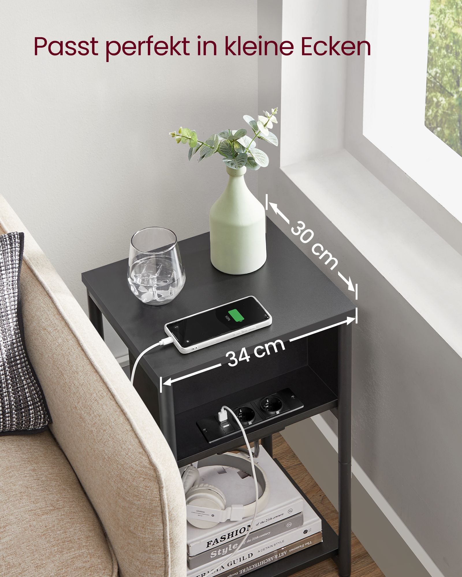 Beistelltisch mit 2 AC- und USB-Anschlüssen schwarz