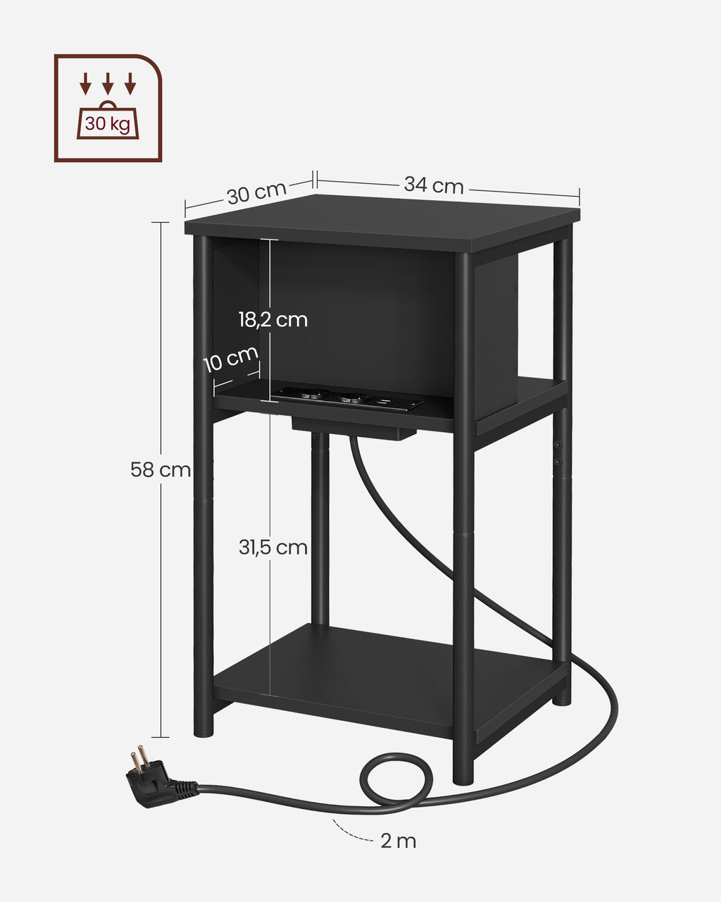 Beistelltisch mit 2 AC- und USB-Anschlüssen schwarz