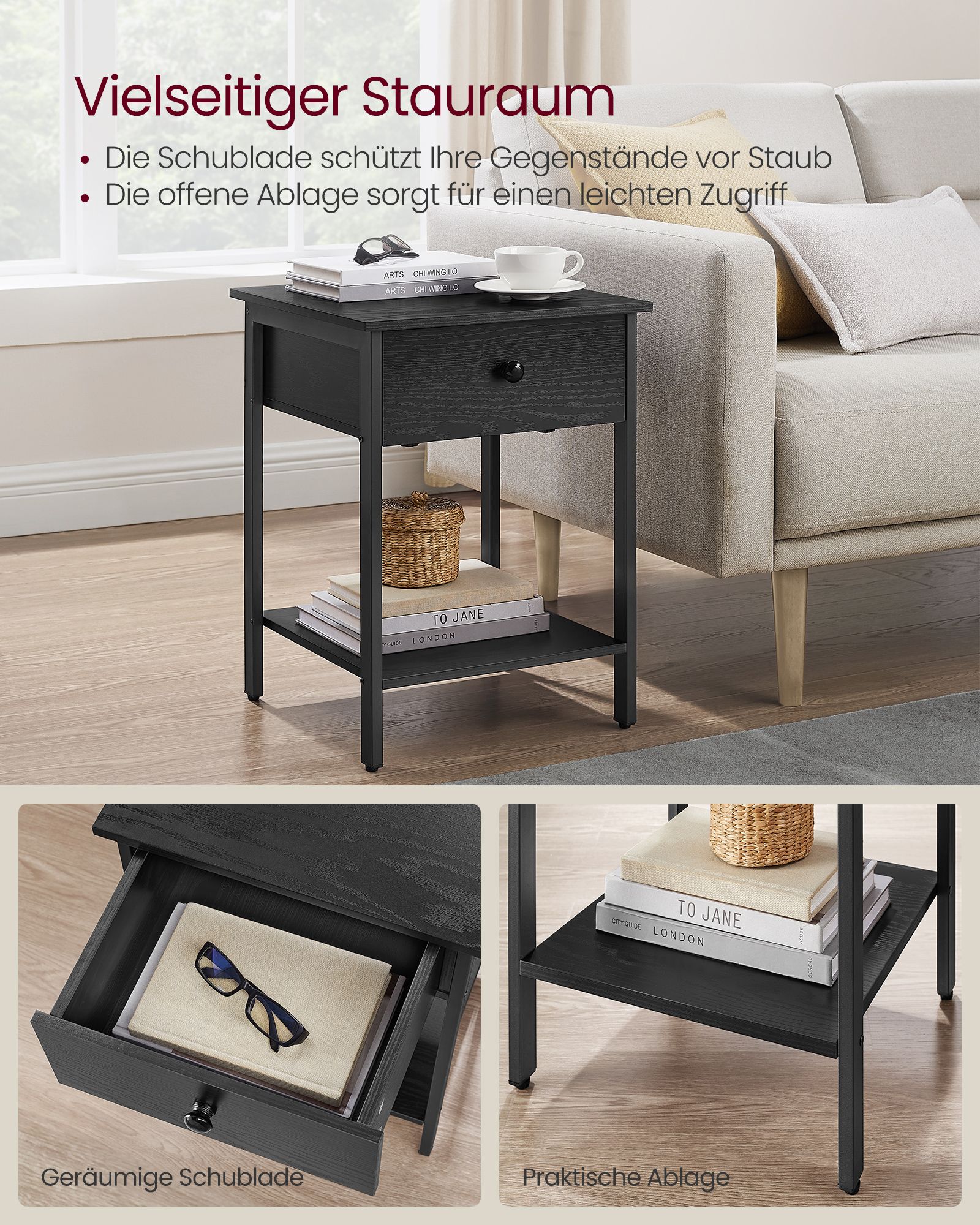 2er Set Nachtkommode mit Schublade und Ablage ebenholzschwarz