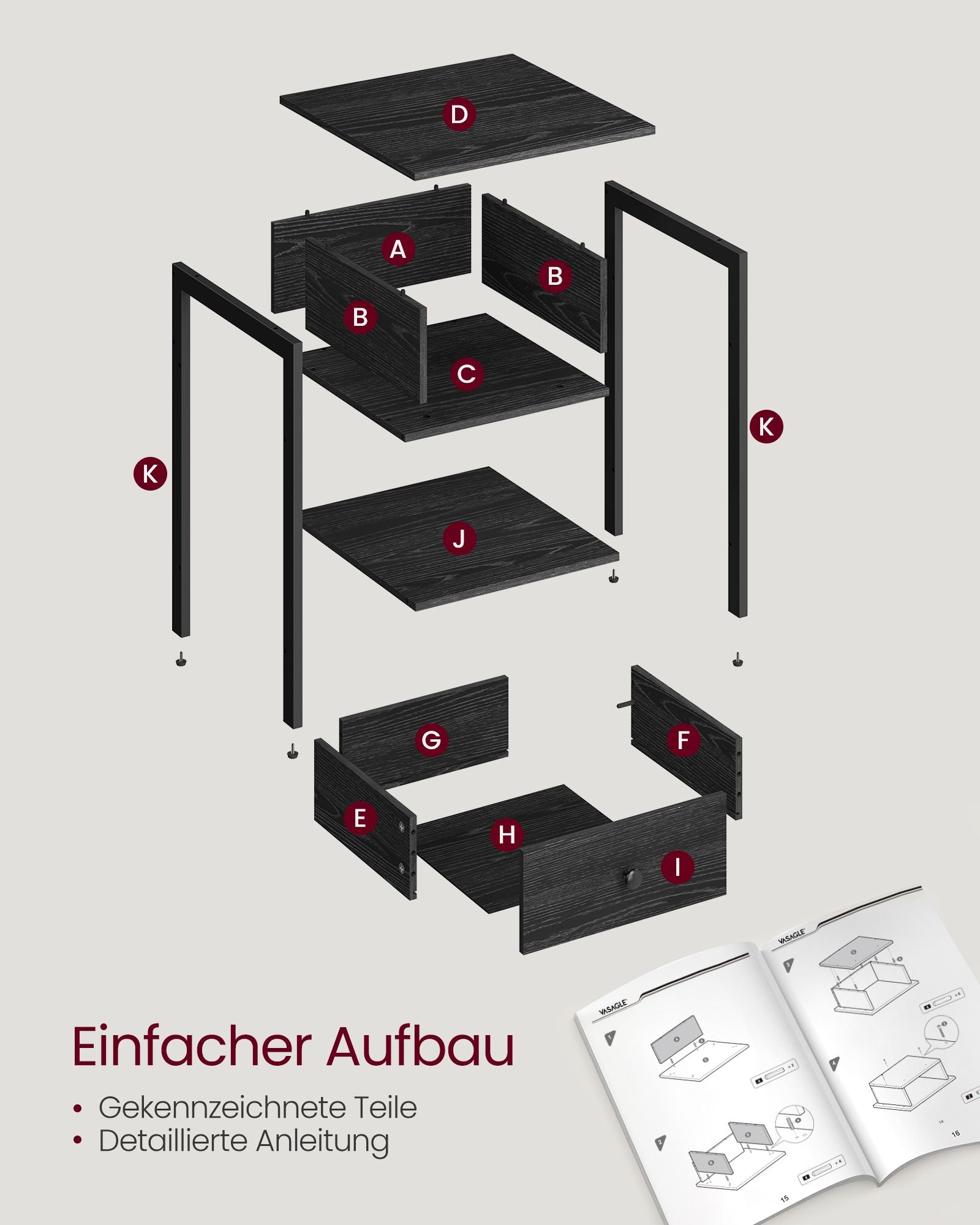 2er Set Nachtkommode mit Schublade und Ablage ebenholzschwarz