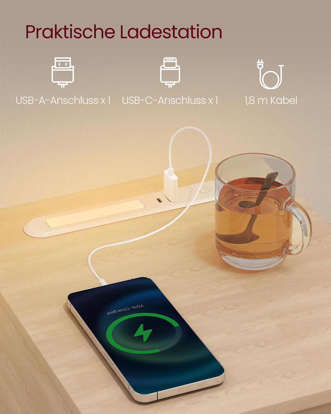 Nachttisch mit LED Beleuchtung USB Anschlüssen und Schublade