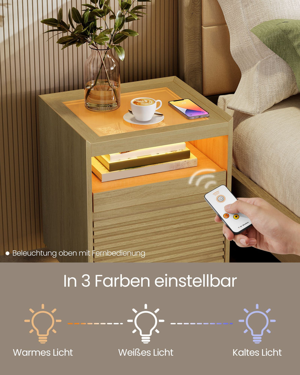 Nachttisch mit LED-Beleuchtung und ausziehbarer Ablage