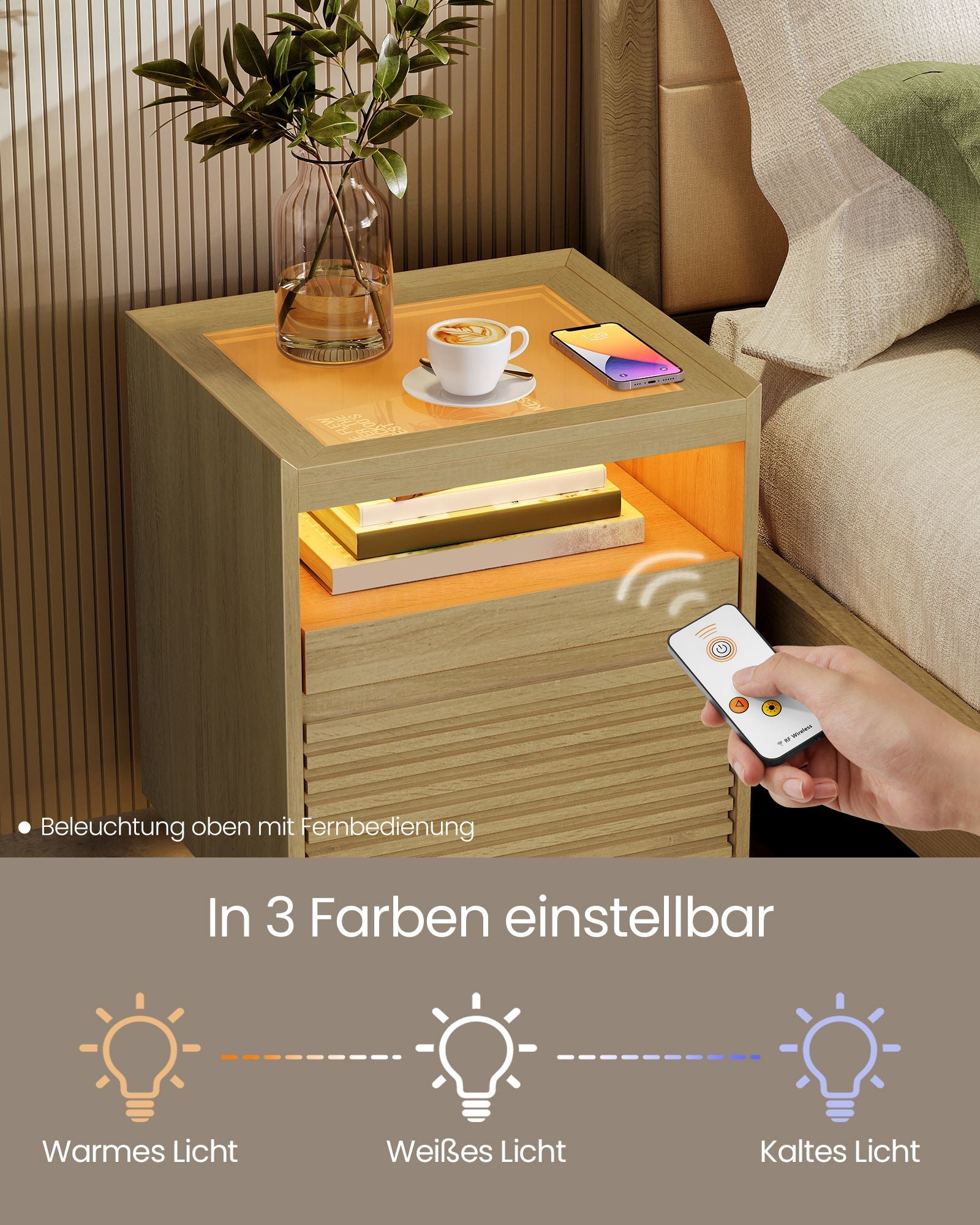 Nachttisch mit LED-Beleuchtung und ausziehbarer Ablage