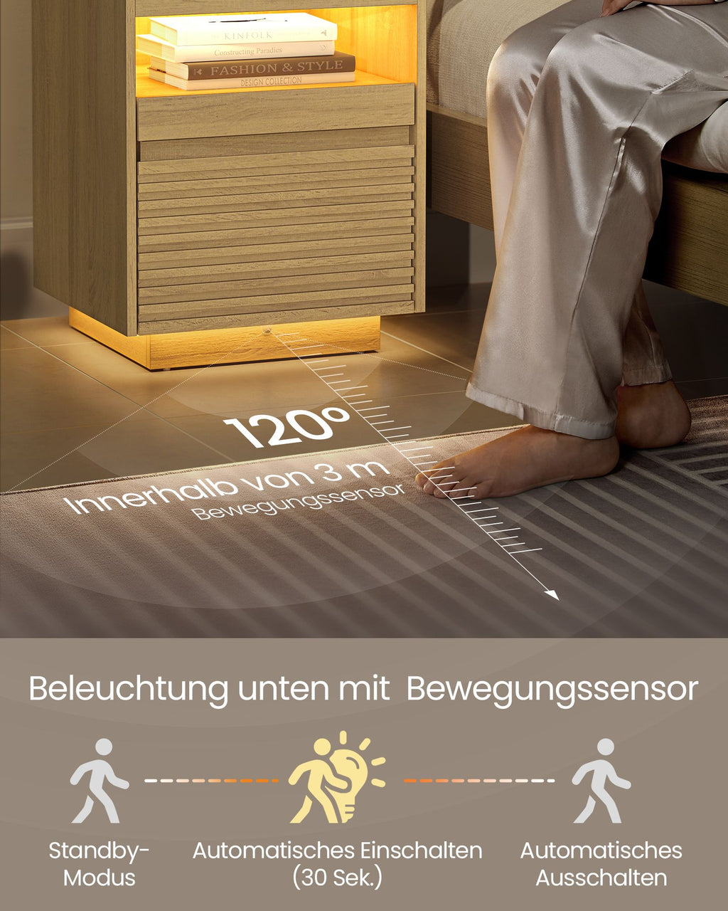 Nachttisch mit LED-Beleuchtung und ausziehbarer Ablage