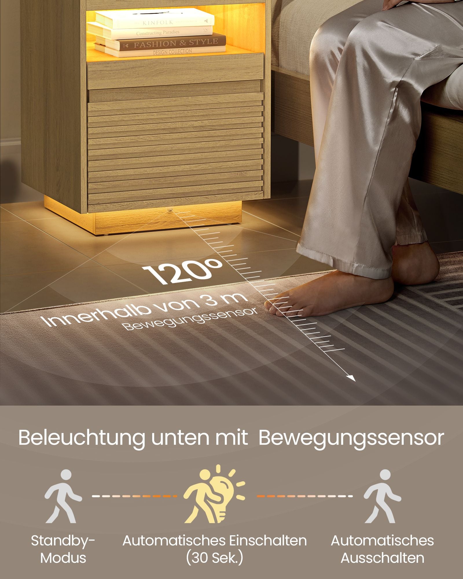 Nachttisch mit LED-Beleuchtung und ausziehbarer Ablage
