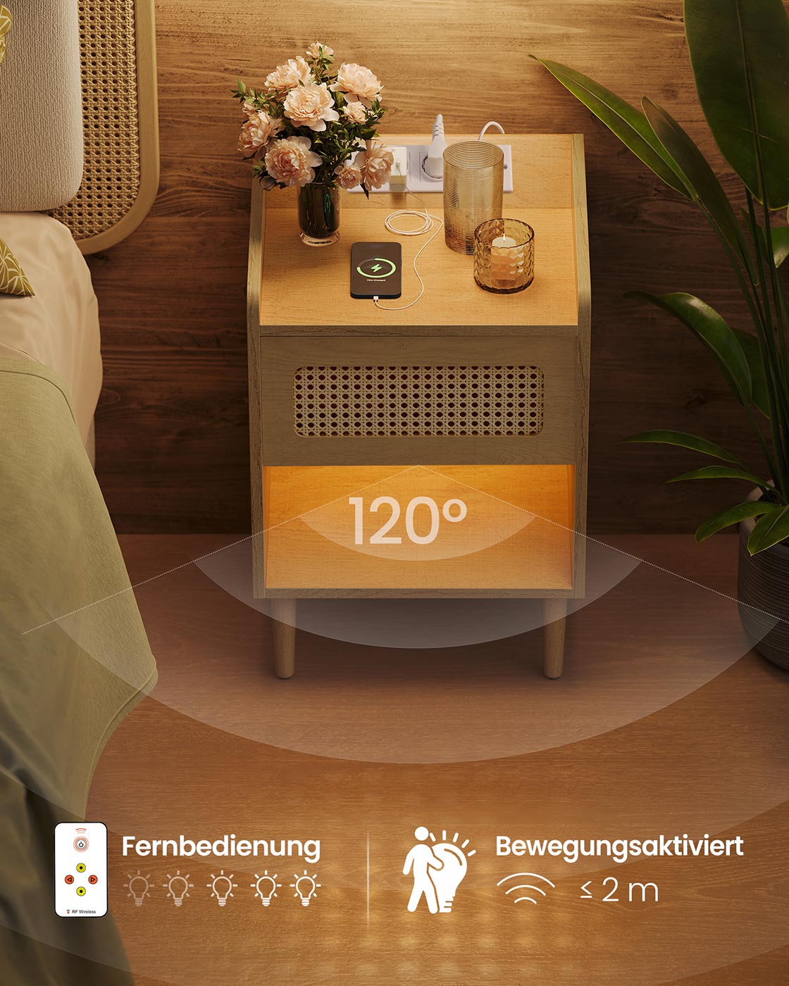 BOHOVEN Kollektion - Nachttisch mit Ladestation und Bewegungsmelder eichenbeige