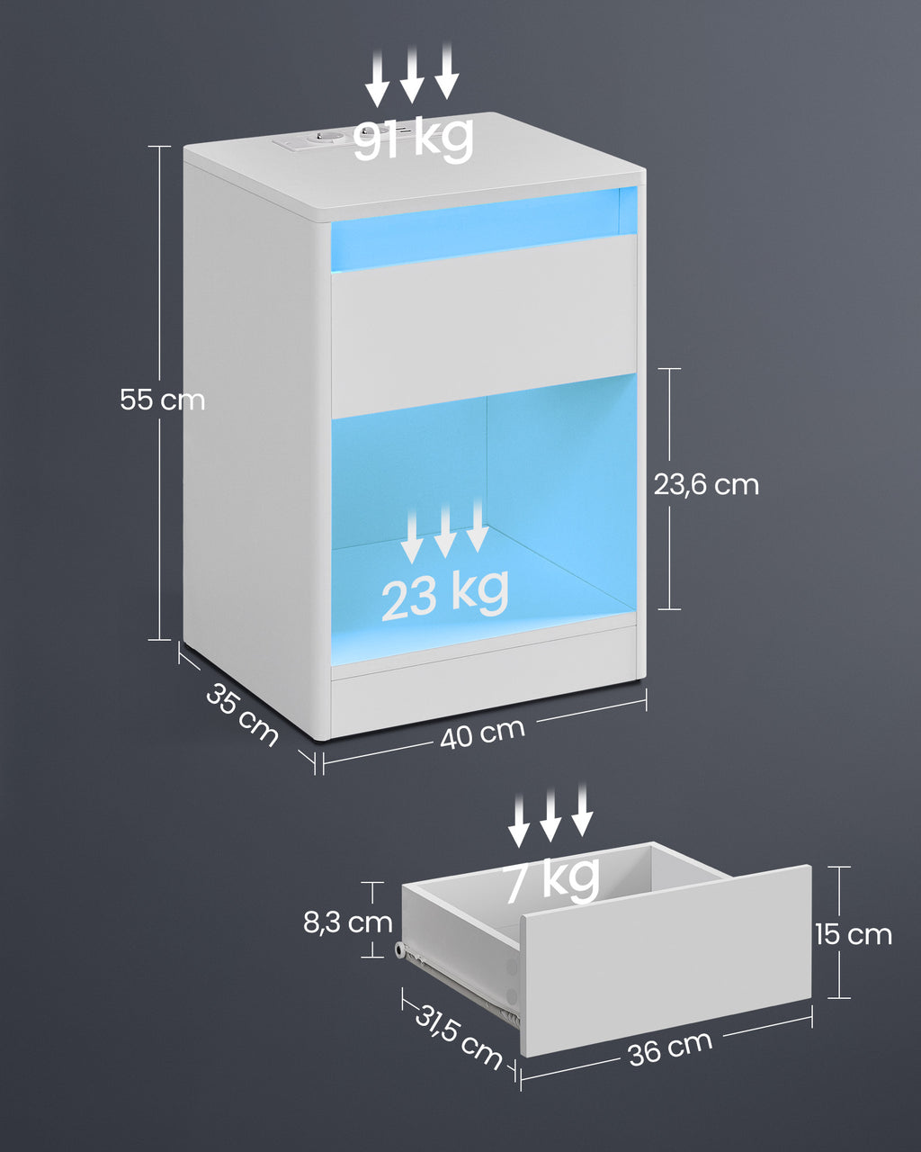 Nachttisch mit LED-Beleuchtung modern wolkenweiß
