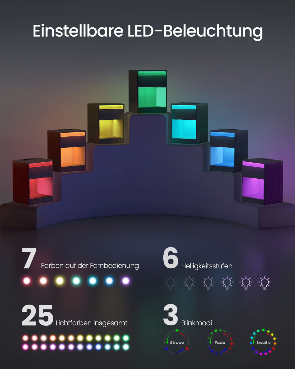 Nachttisch mit LED-Beleuchtung modern aschschwarz