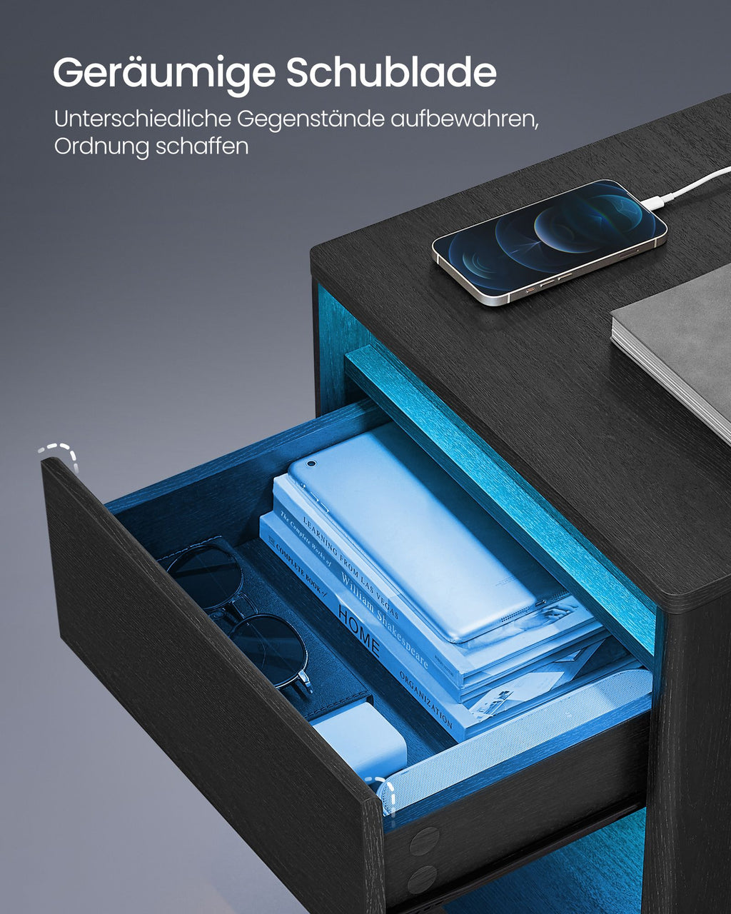 Nachttisch mit LED-Beleuchtung modern aschschwarz
