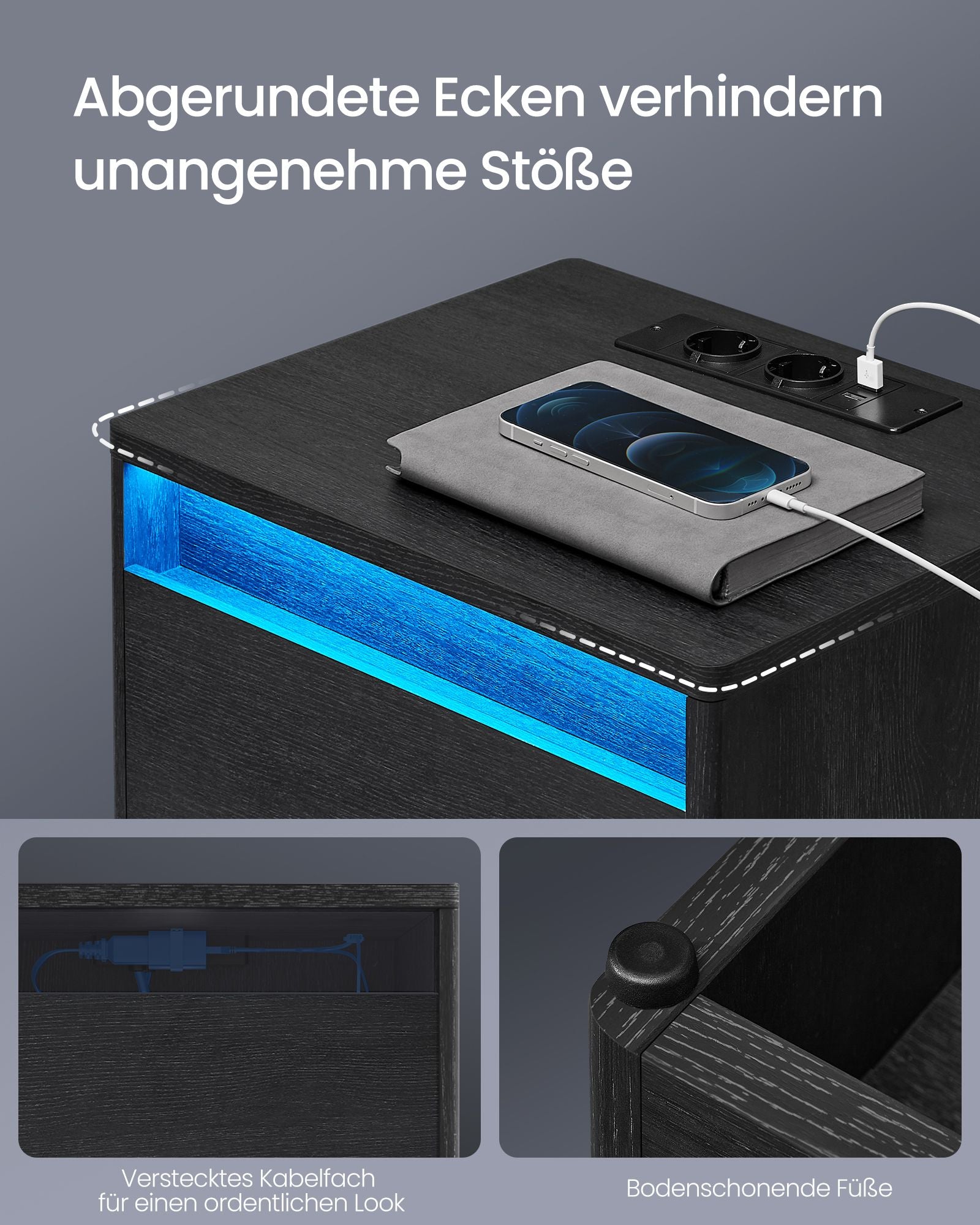 Nachttisch mit LED-Beleuchtung modern aschschwarz