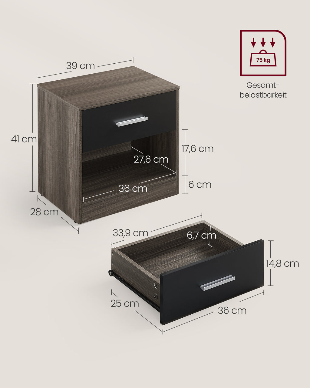 Beistelltisch mit Schublade für Schlafzimmer kastanienbraun-tintenschwarz