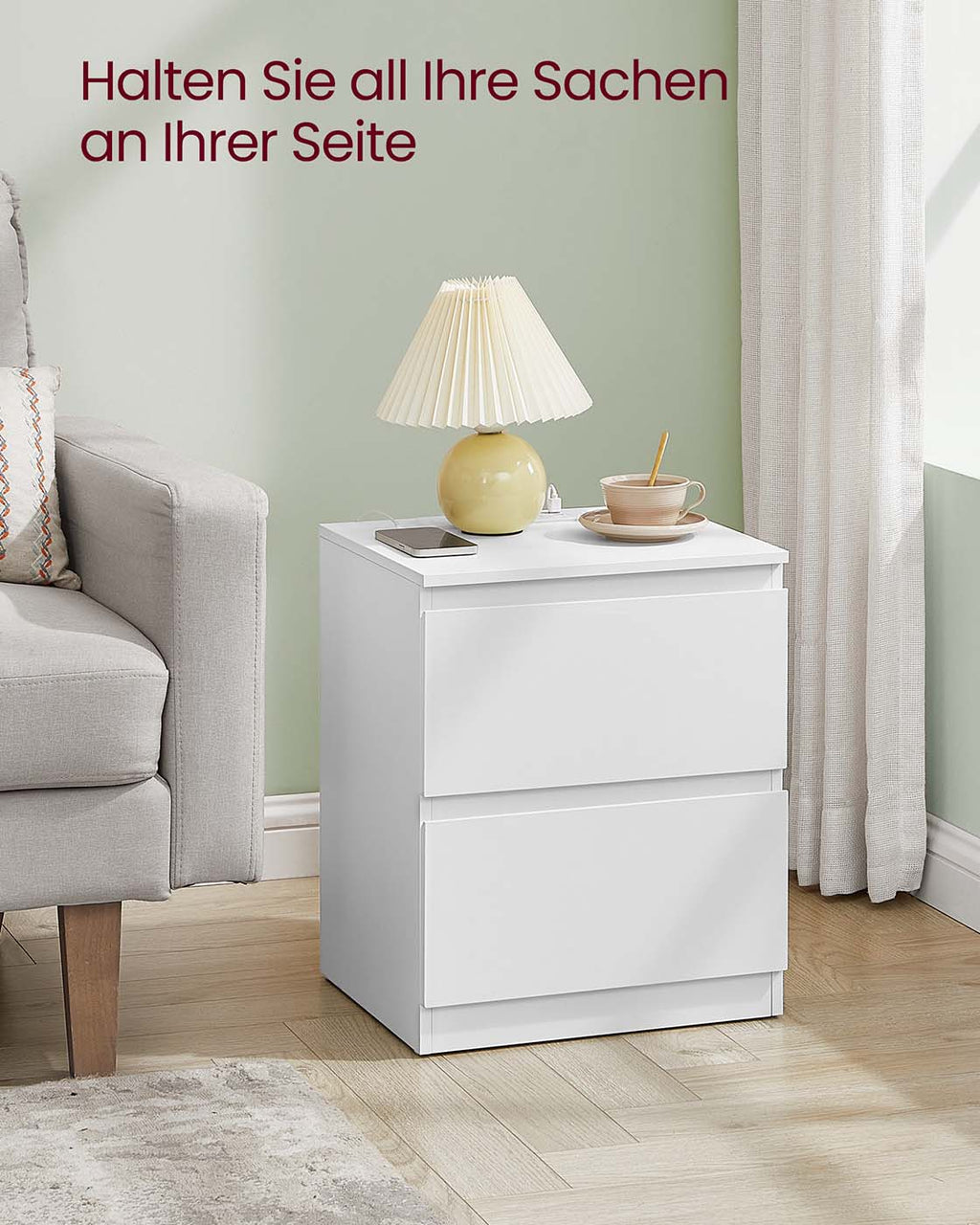 Nachttisch mit Steckdosen und Schubladen für Schlafzimmer wolkenweiß