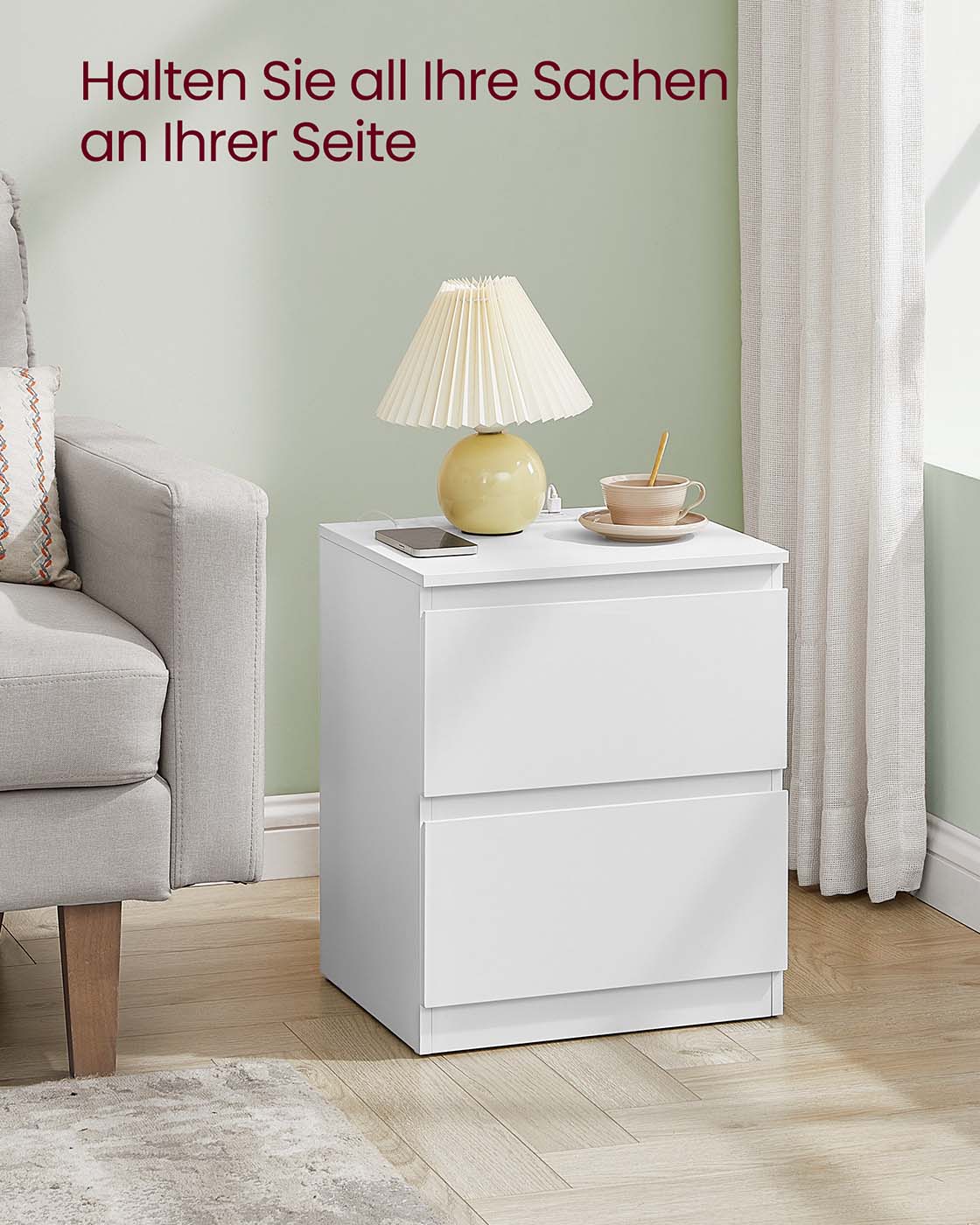 Nachttisch mit Steckdosen und Schubladen für Schlafzimmer wolkenweiß