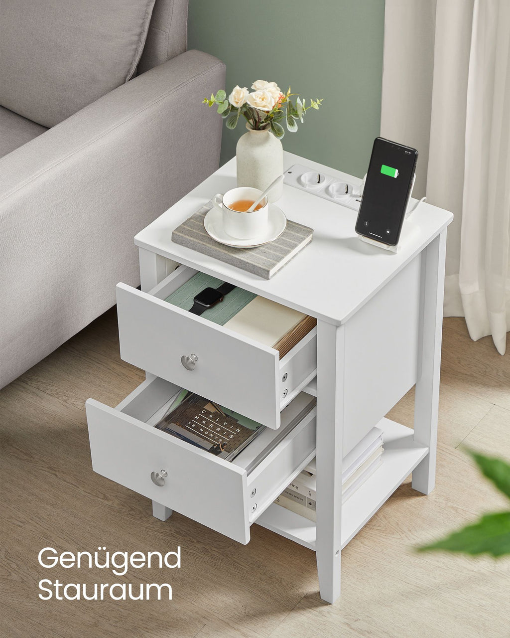 Nachttisch mit Ladefunktion und 2 Schubladen