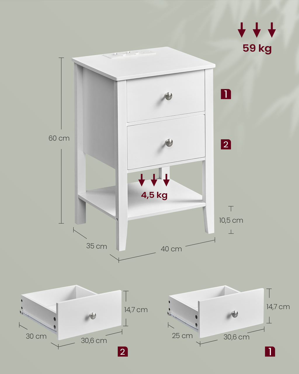 Nachttisch mit Ladefunktion und 2 Schubladen