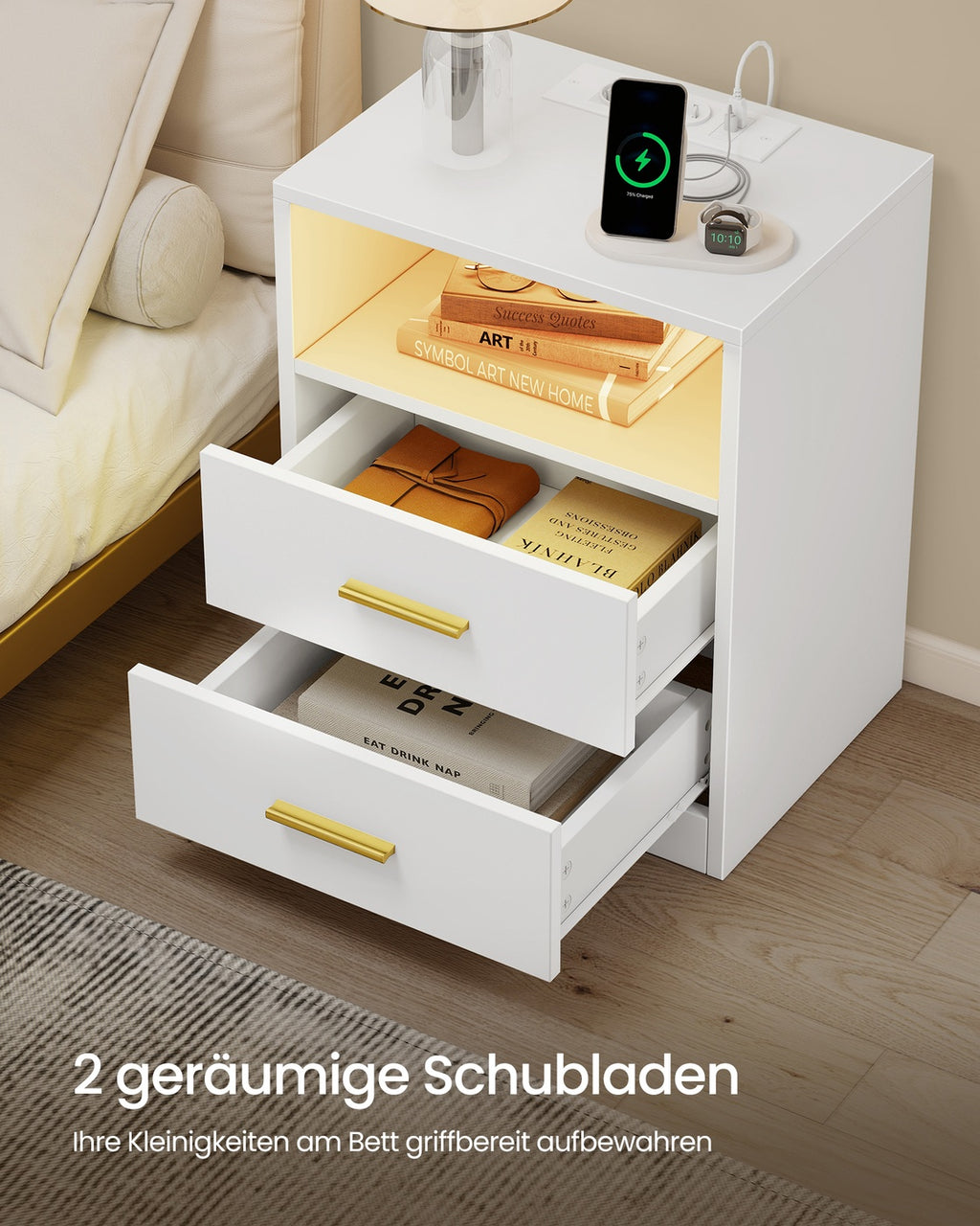 Custos Kollektion - Nachttisch mit Ladestation und LED-Beleuchtung wolkenweiß