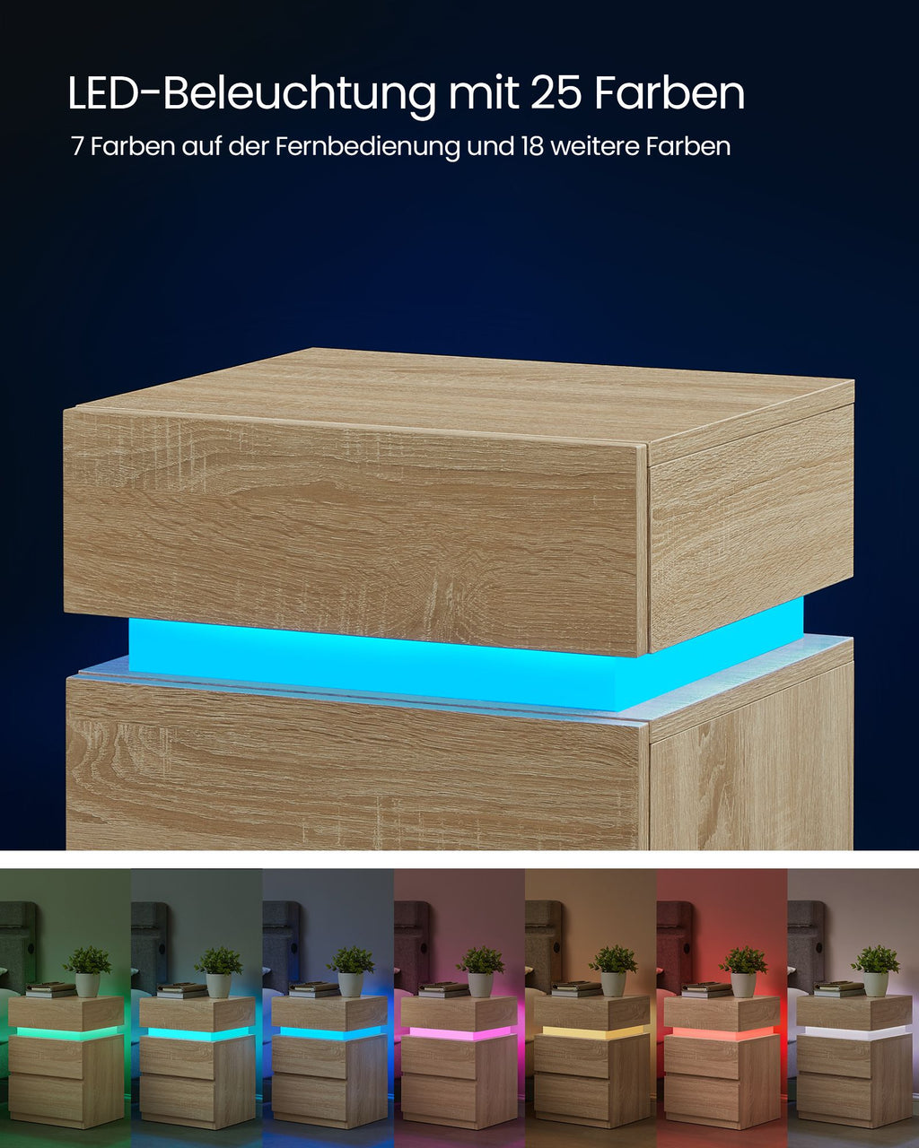 Nachttisch mit LED-Beleuchtung und 3 Schubladen