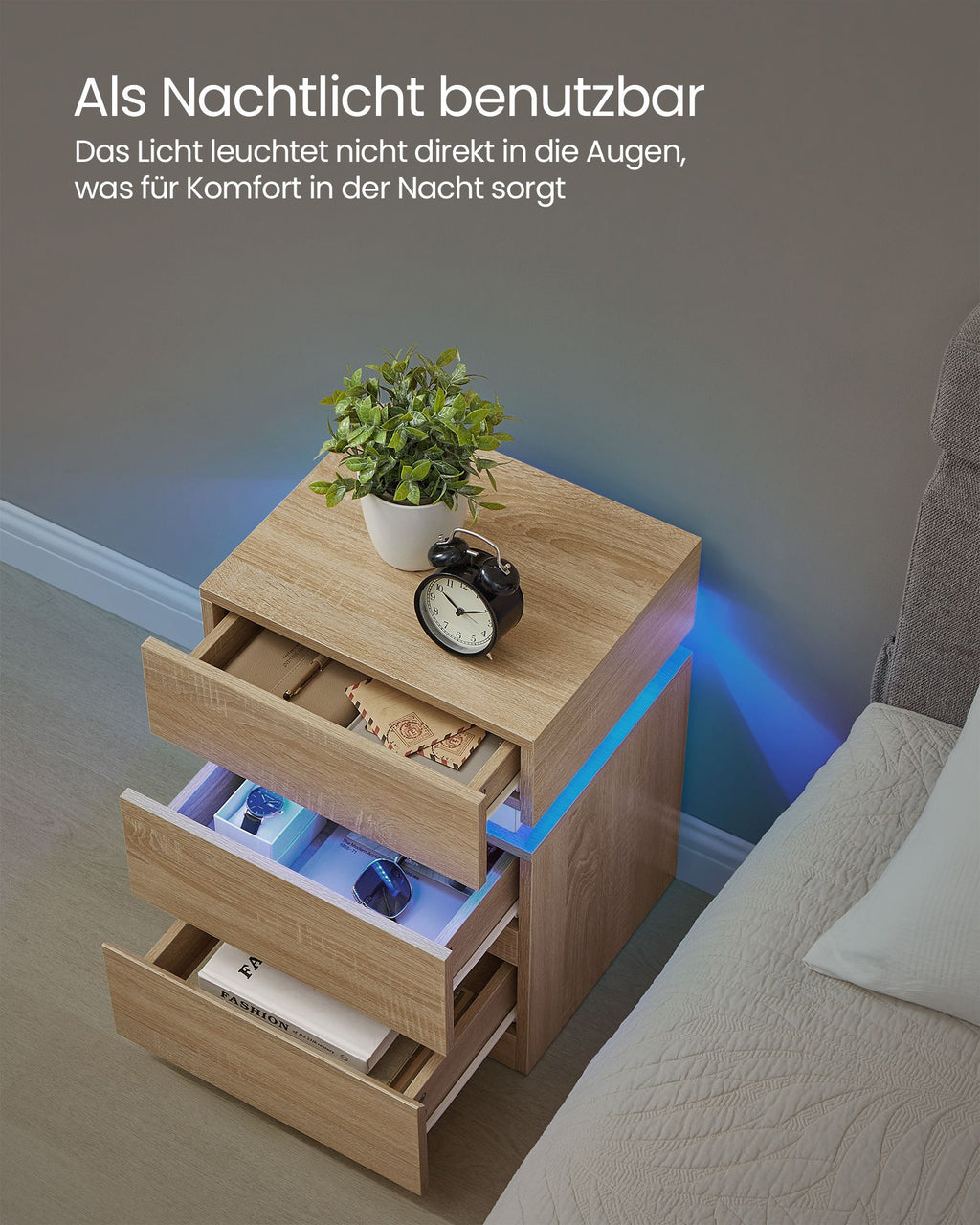Nachttisch mit LED-Beleuchtung und 3 Schubladen