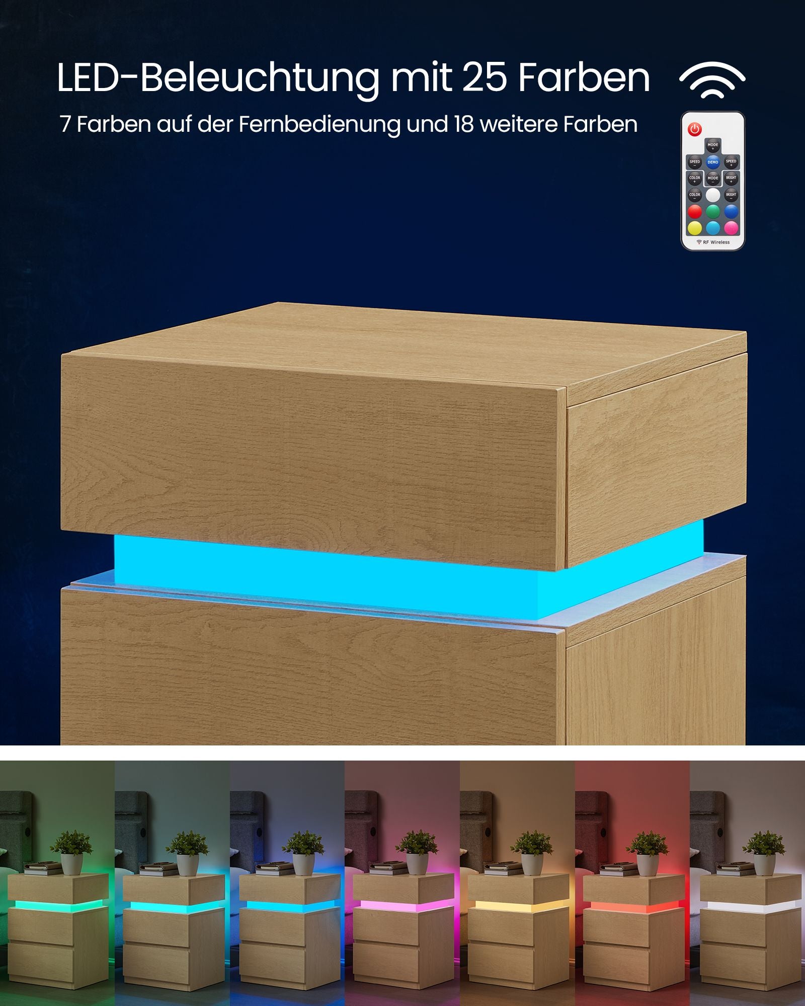 Nachttisch mit LED-Beleuchtung mit 3 Schubladen