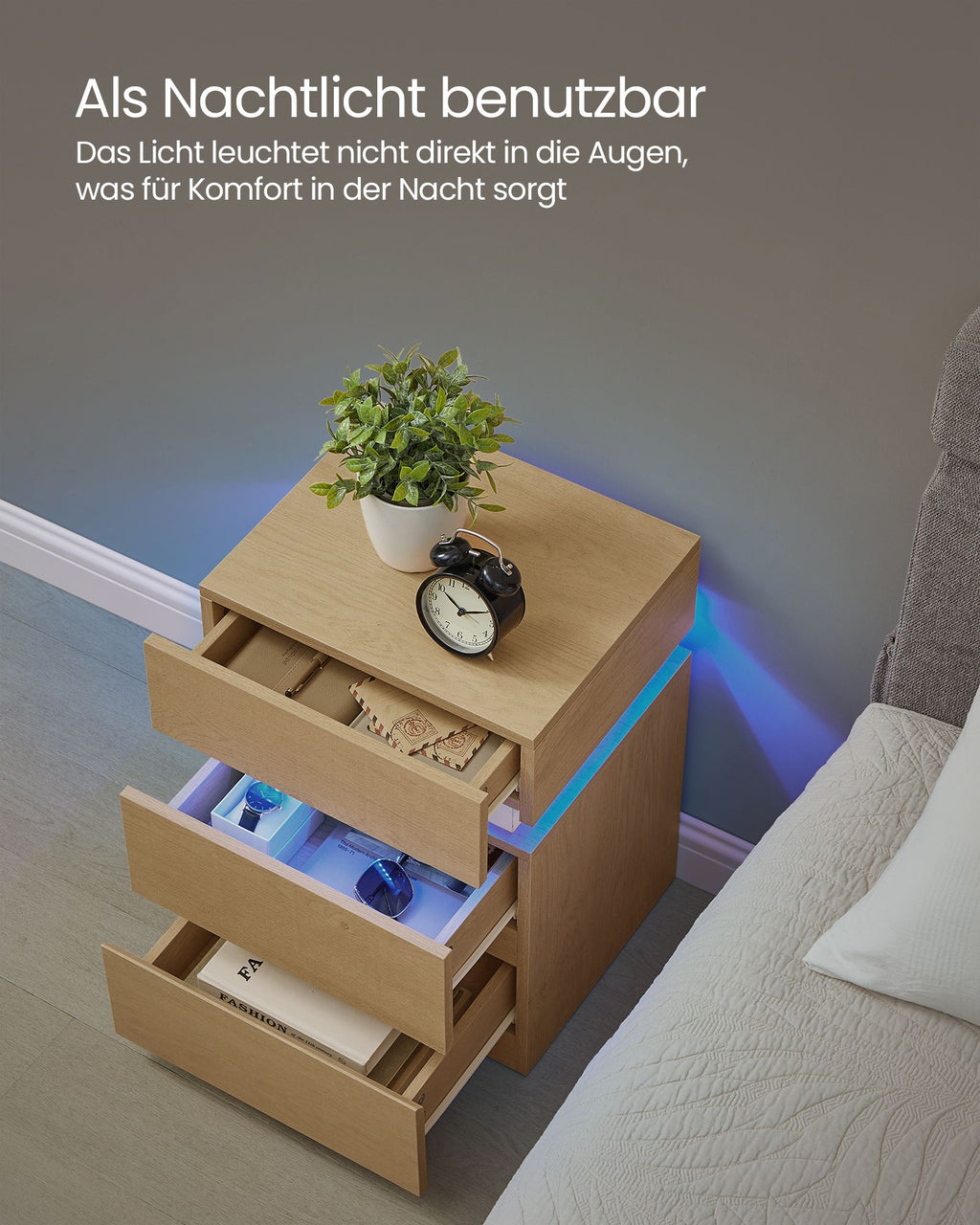 Nachttisch mit LED-Beleuchtung mit 3 Schubladen