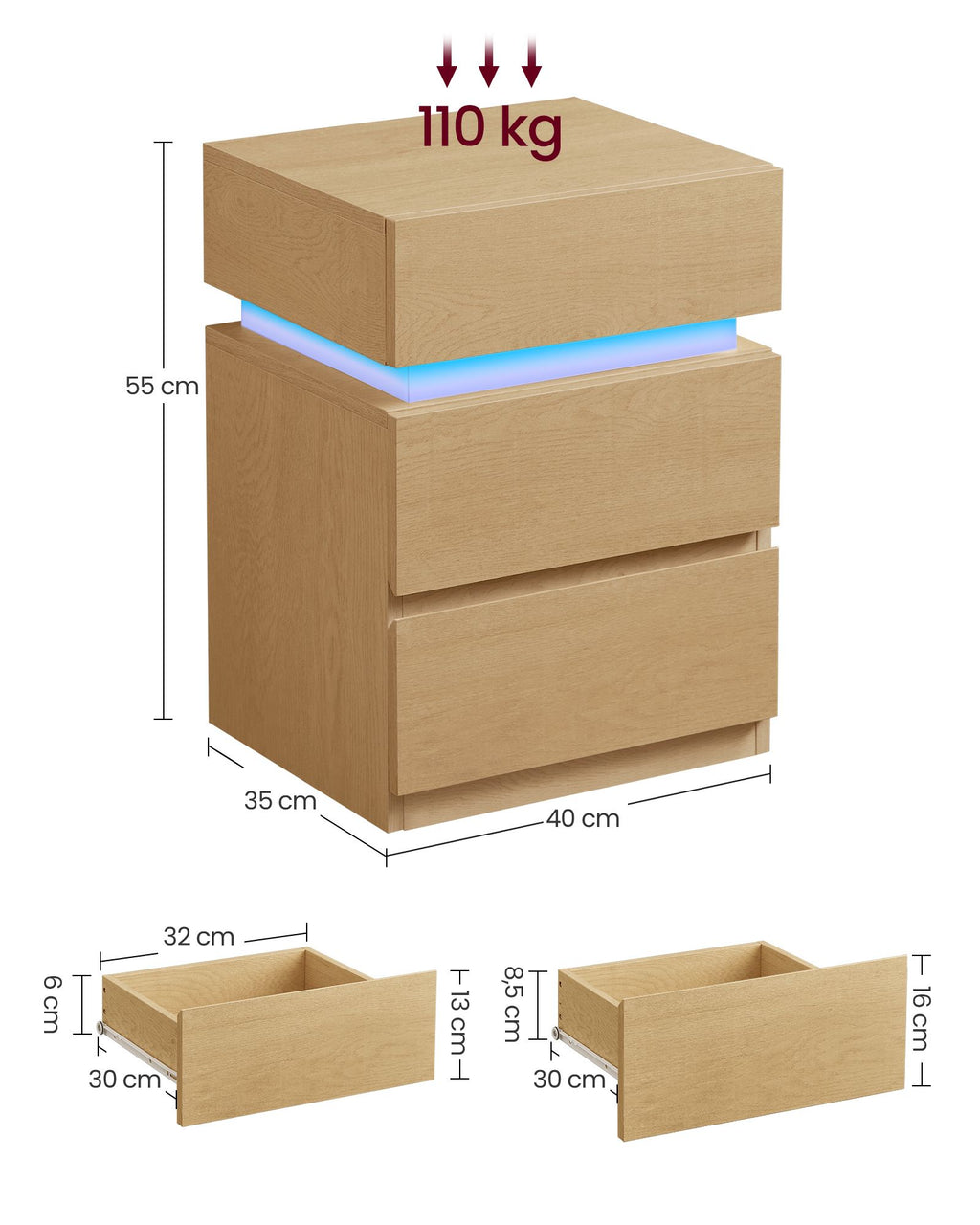 Nachttisch mit LED-Beleuchtung mit 3 Schubladen