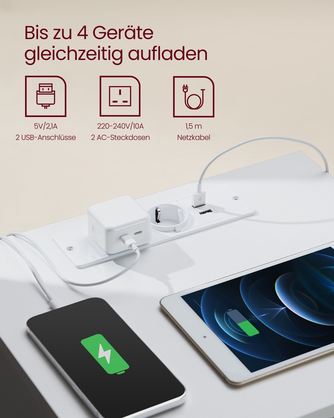 Beistelltisch 2 AC-Steckdosen Schlafzimmer wolkenweiß