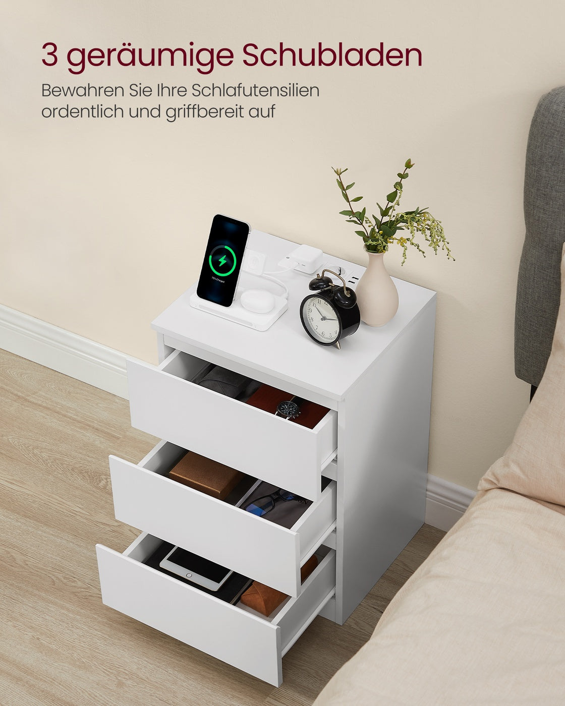 Beistelltisch 2 AC-Steckdosen Schlafzimmer wolkenweiß