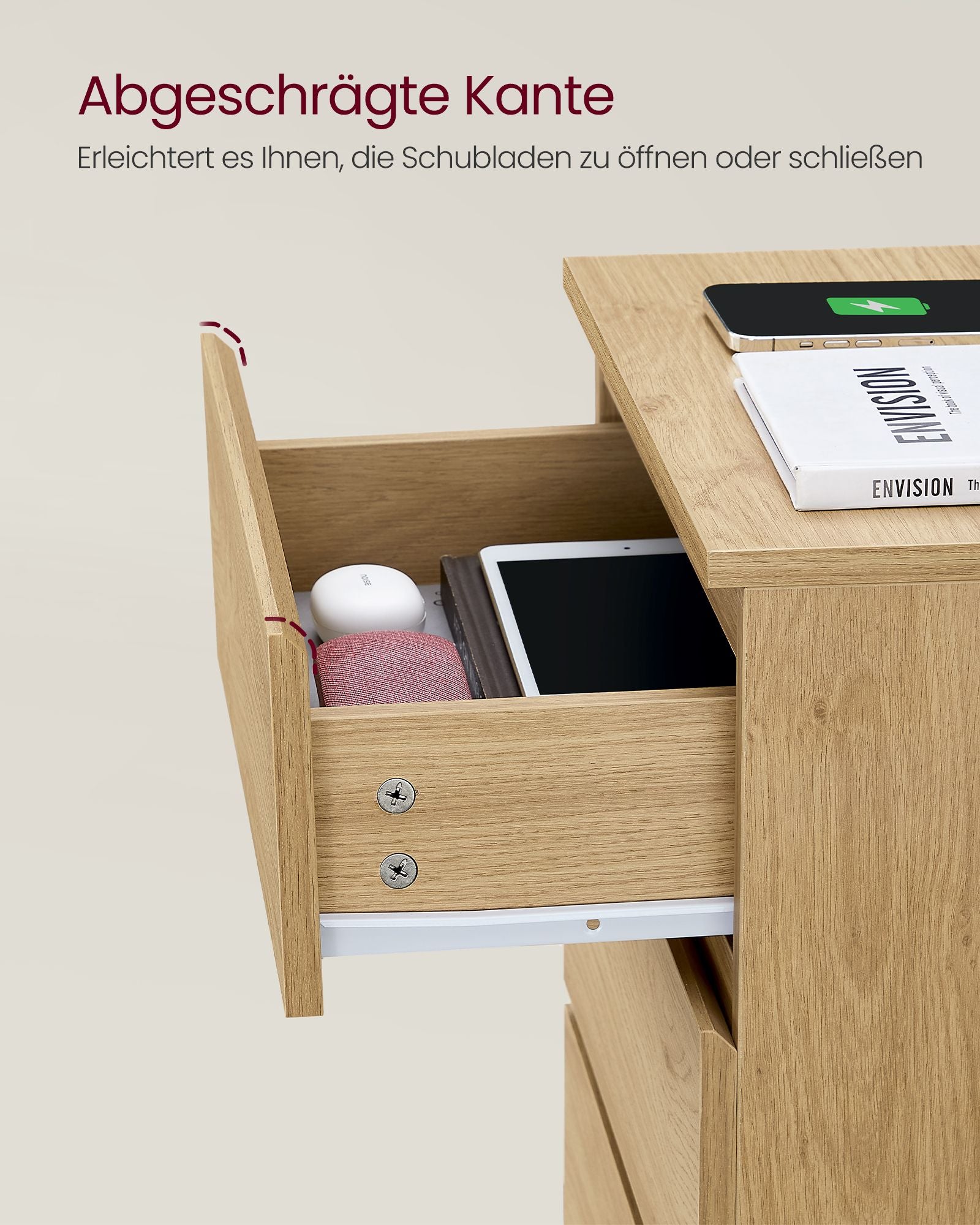 Nachttisch modern mit 3 Schubladen strohgelb