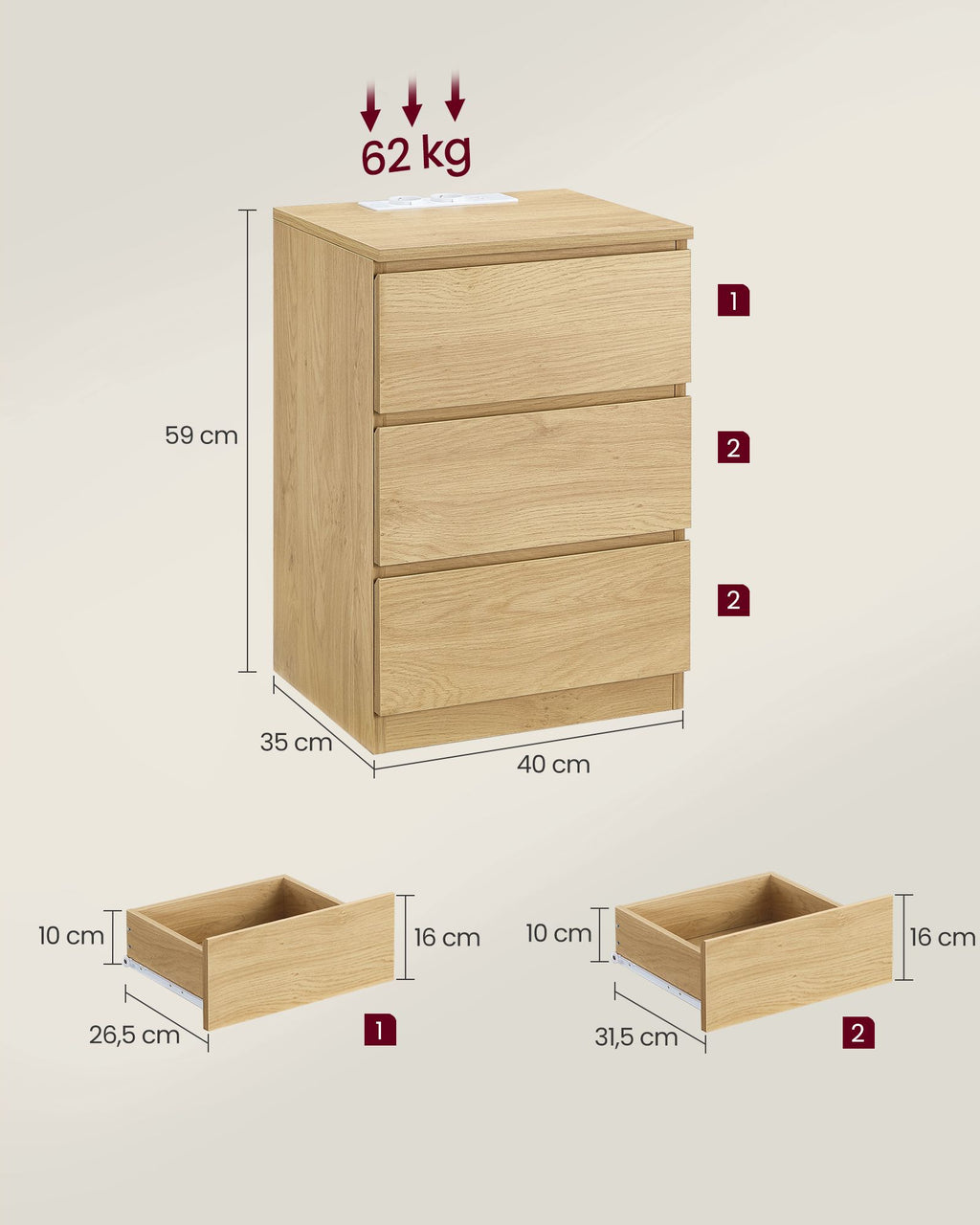 Nachttisch modern mit 3 Schubladen strohgelb