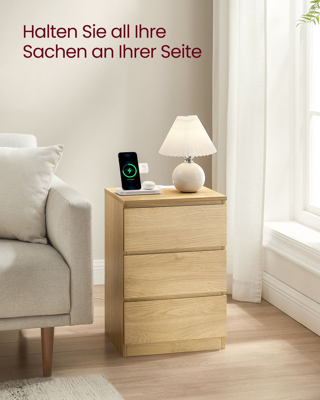 Nachttisch modern mit 3 Schubladen strohgelb