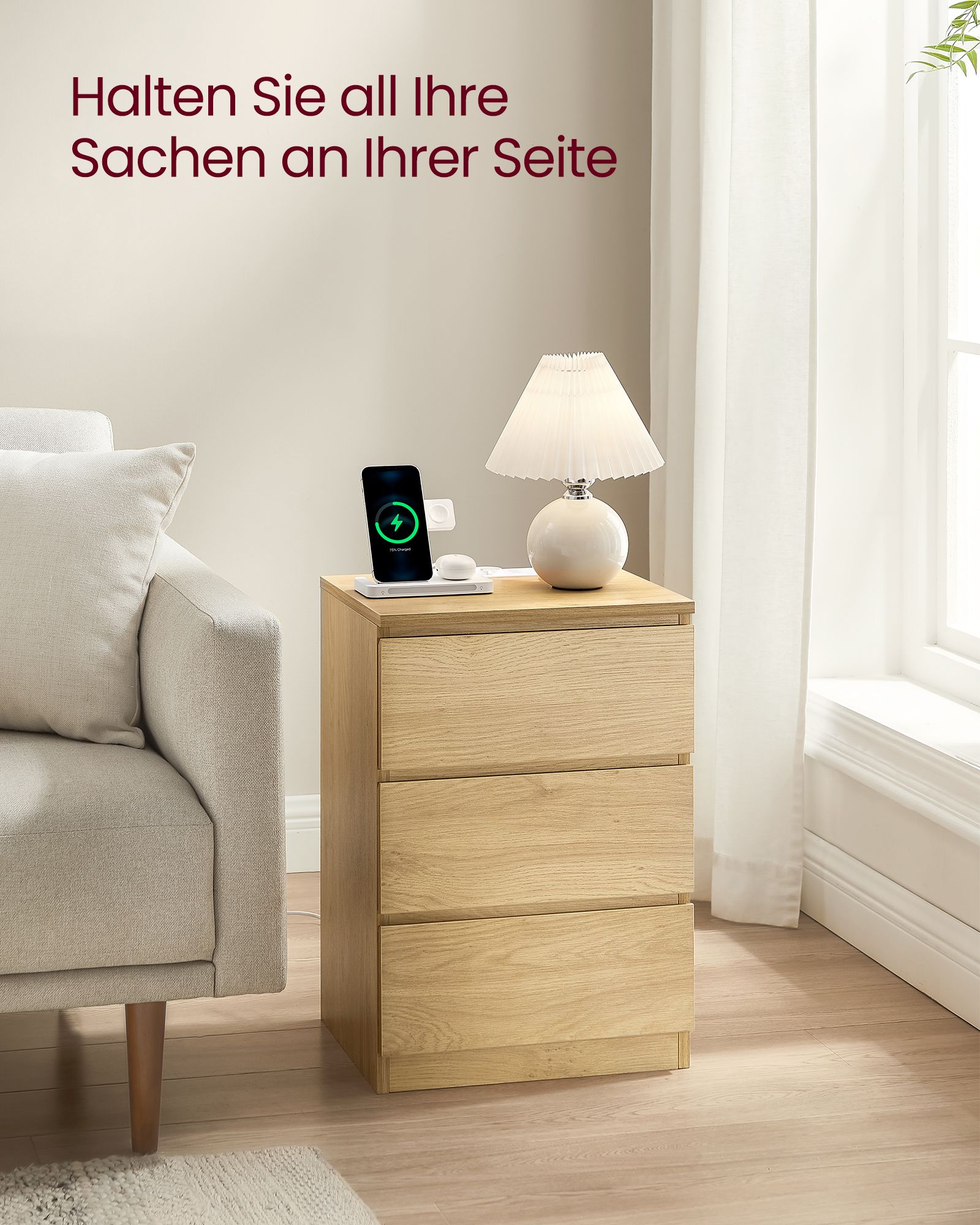 Nachttisch modern mit 3 Schubladen strohgelb