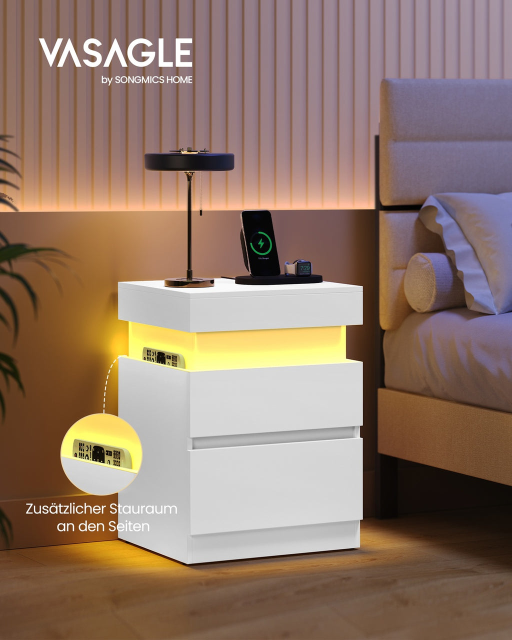 Kailyn Kollektion - Nachttisch mit Steckdosen und LED Beleuchtung schneeweiß