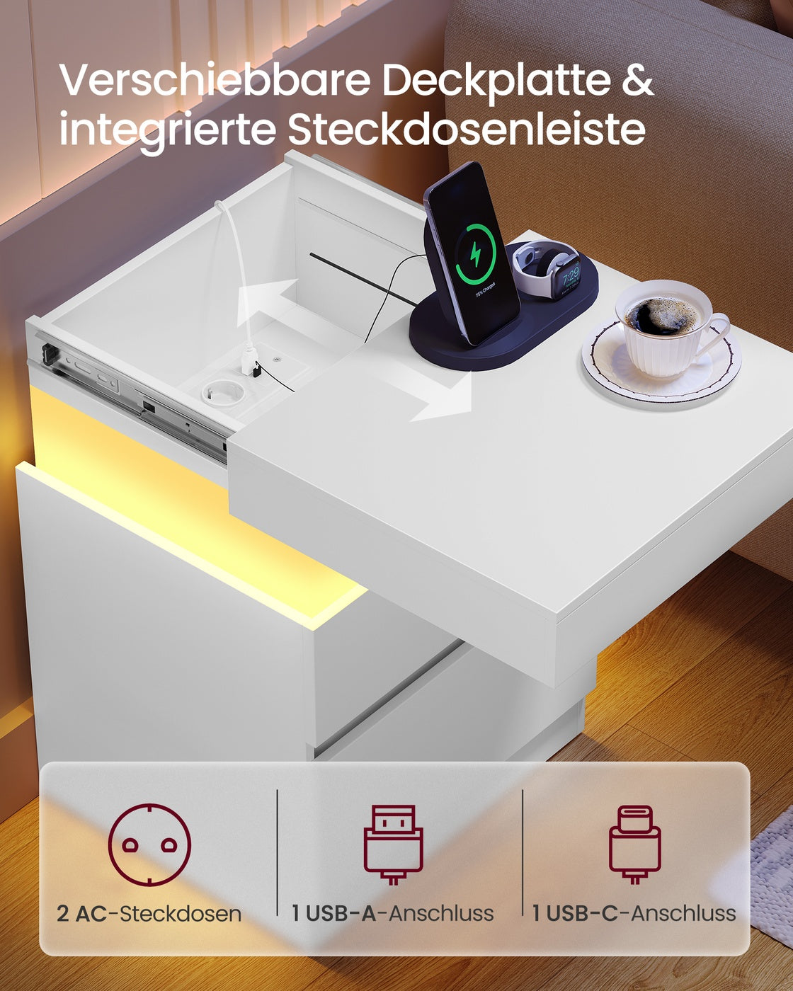 Kailyn Kollektion - Nachttisch mit Steckdosen und LED Beleuchtung schneeweiß