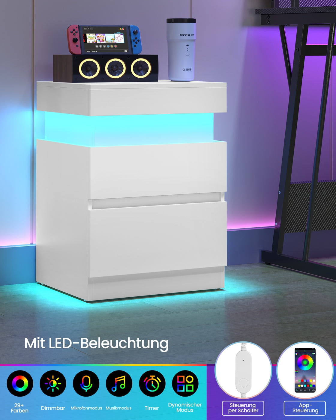 Kailyn Kollektion - Nachttisch mit Steckdosen und LED Beleuchtung schneeweiß