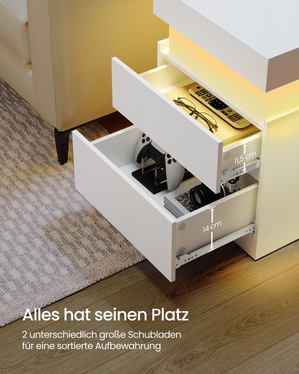 Kailyn Kollektion - Nachttisch mit Steckdosen und LED Beleuchtung schneeweiß
