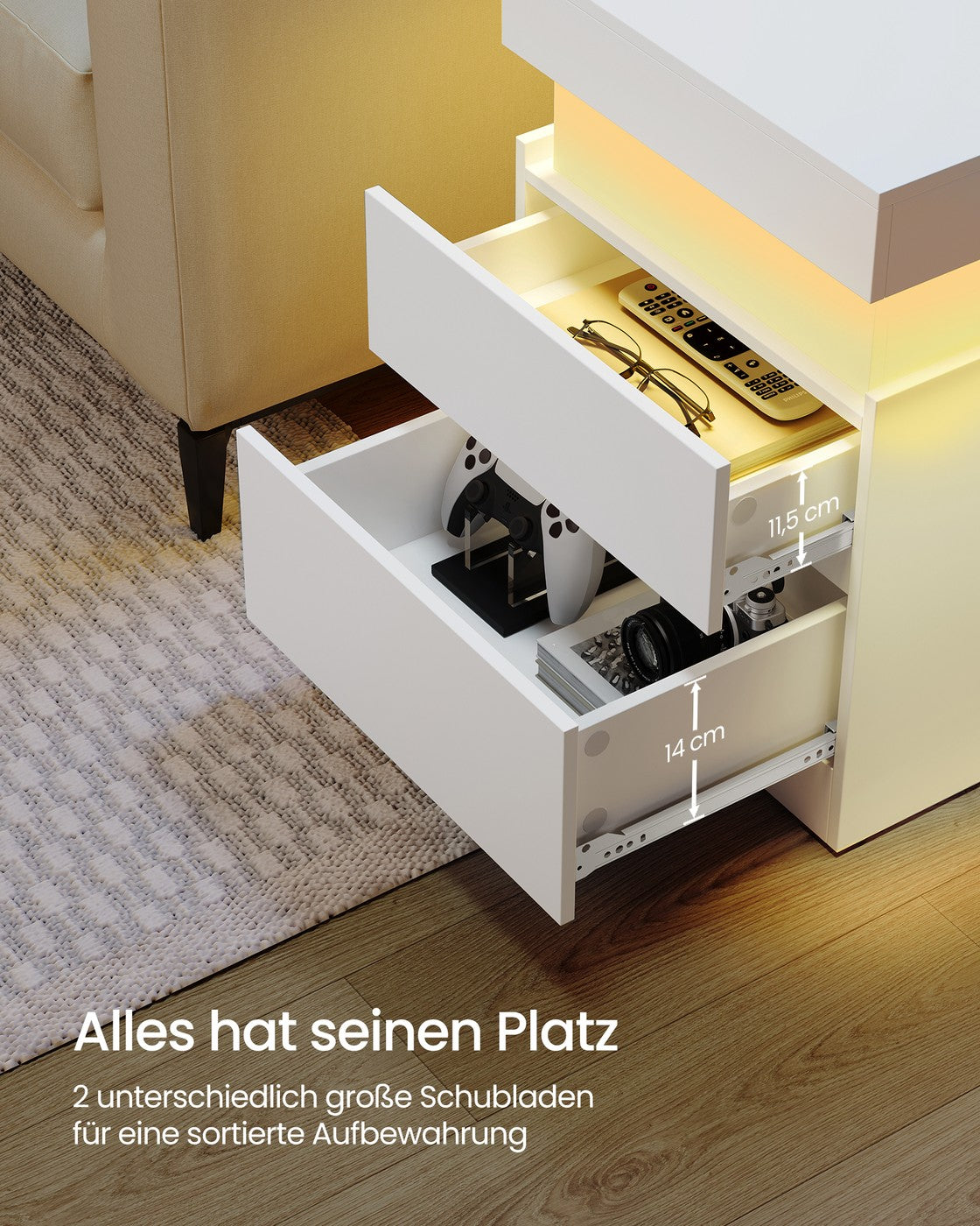 Kailyn Kollektion - Nachttisch mit Steckdosen und LED Beleuchtung schneeweiß