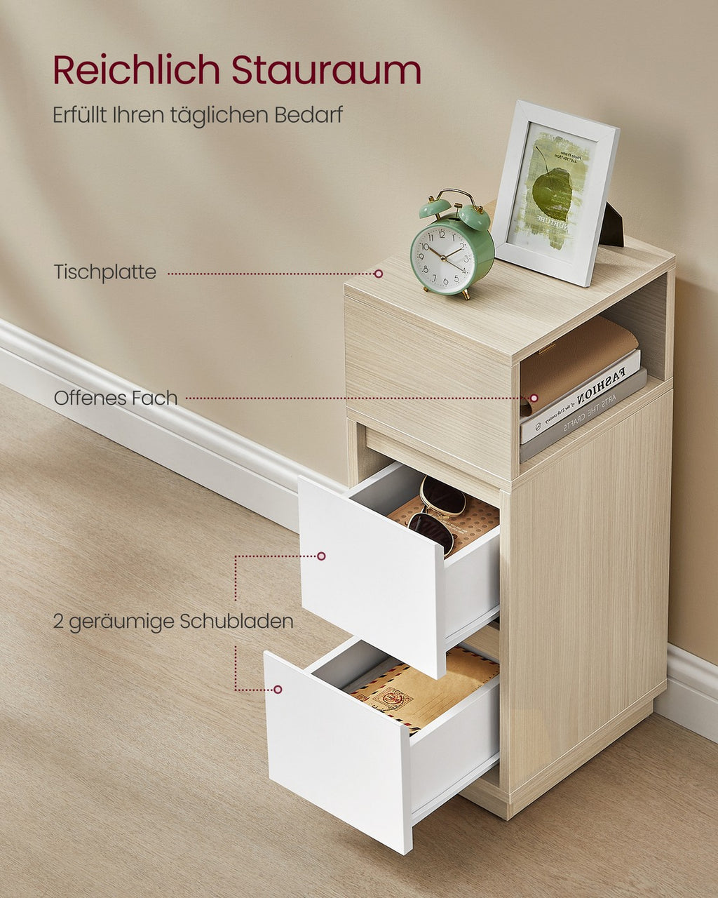 KAILYN Kollektion - Nachttisch 2 Schubladen offenes Fach naturbeige-wolkenweiß