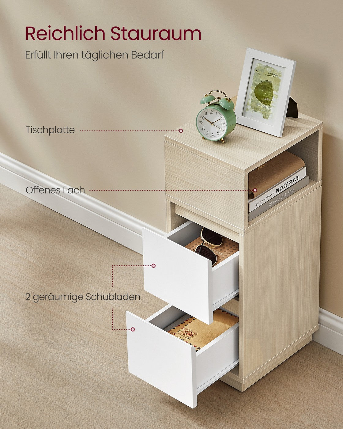 KAILYN Kollektion - Nachttisch 2 Schubladen offenes Fach naturbeige-wolkenweiß