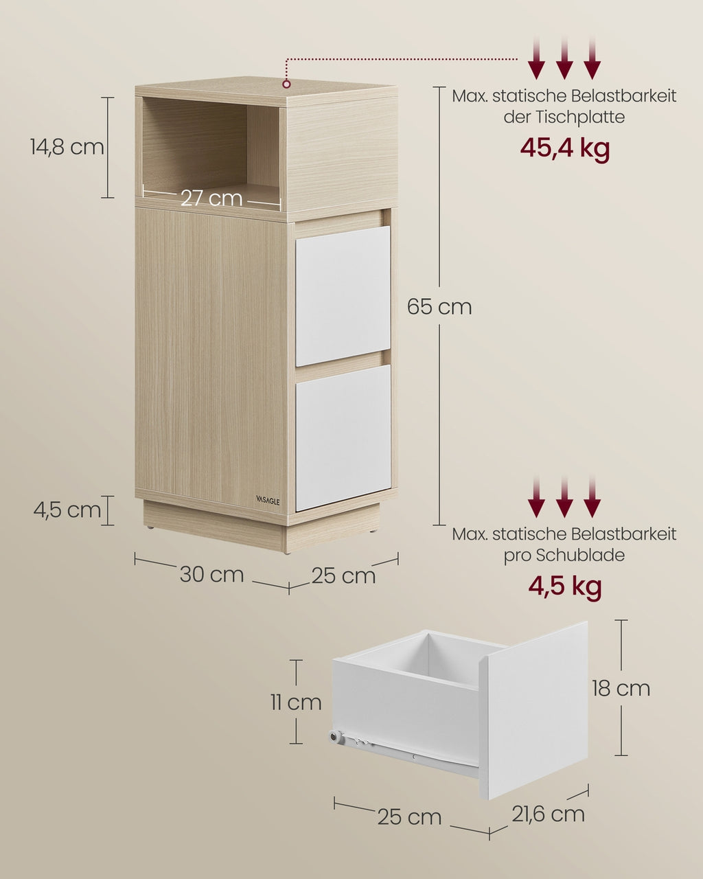 KAILYN Kollektion - Nachttisch 2 Schubladen offenes Fach naturbeige-wolkenweiß