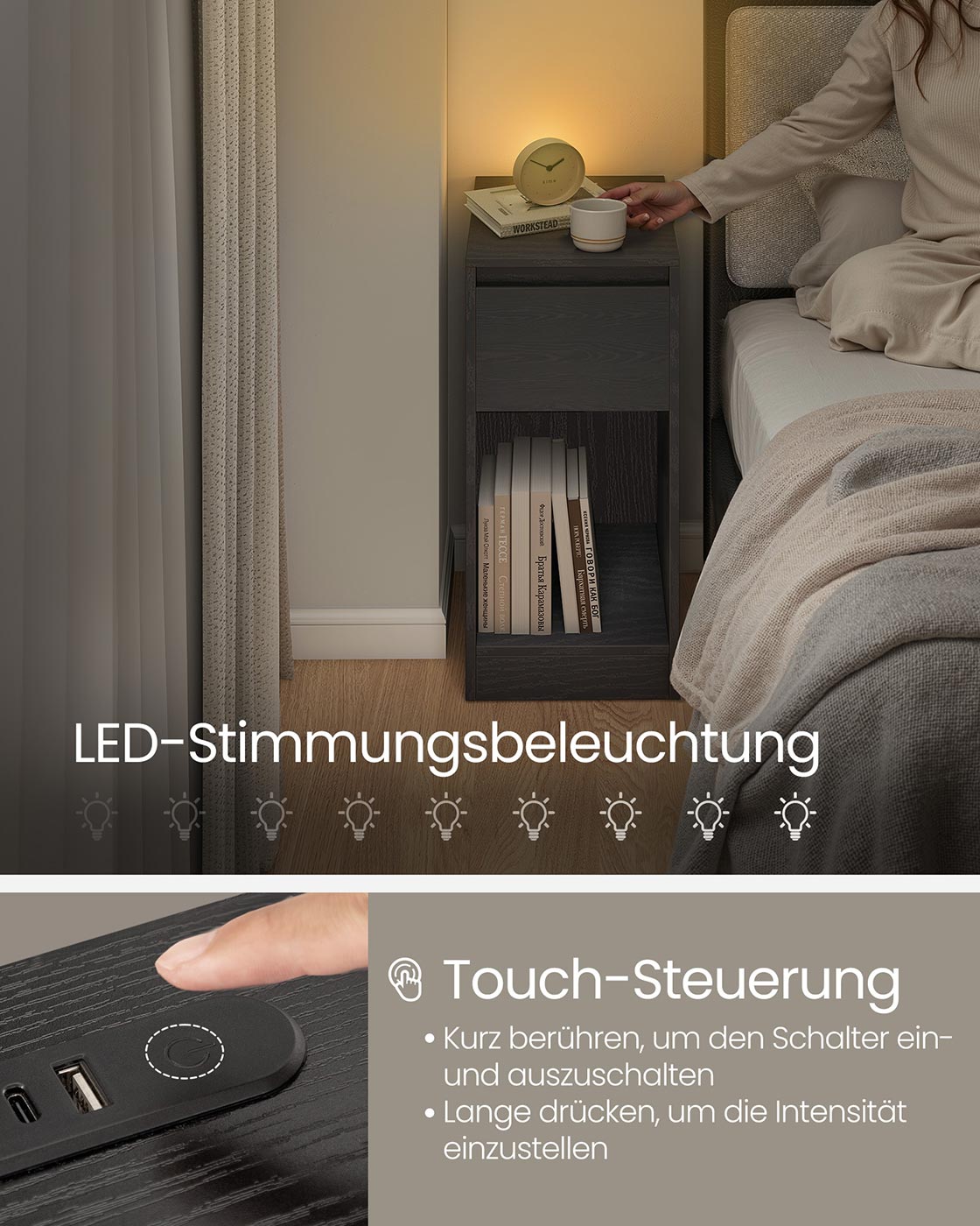 Nachttisch mit LED Beleuchtung USB Anschlüssen und Schublade