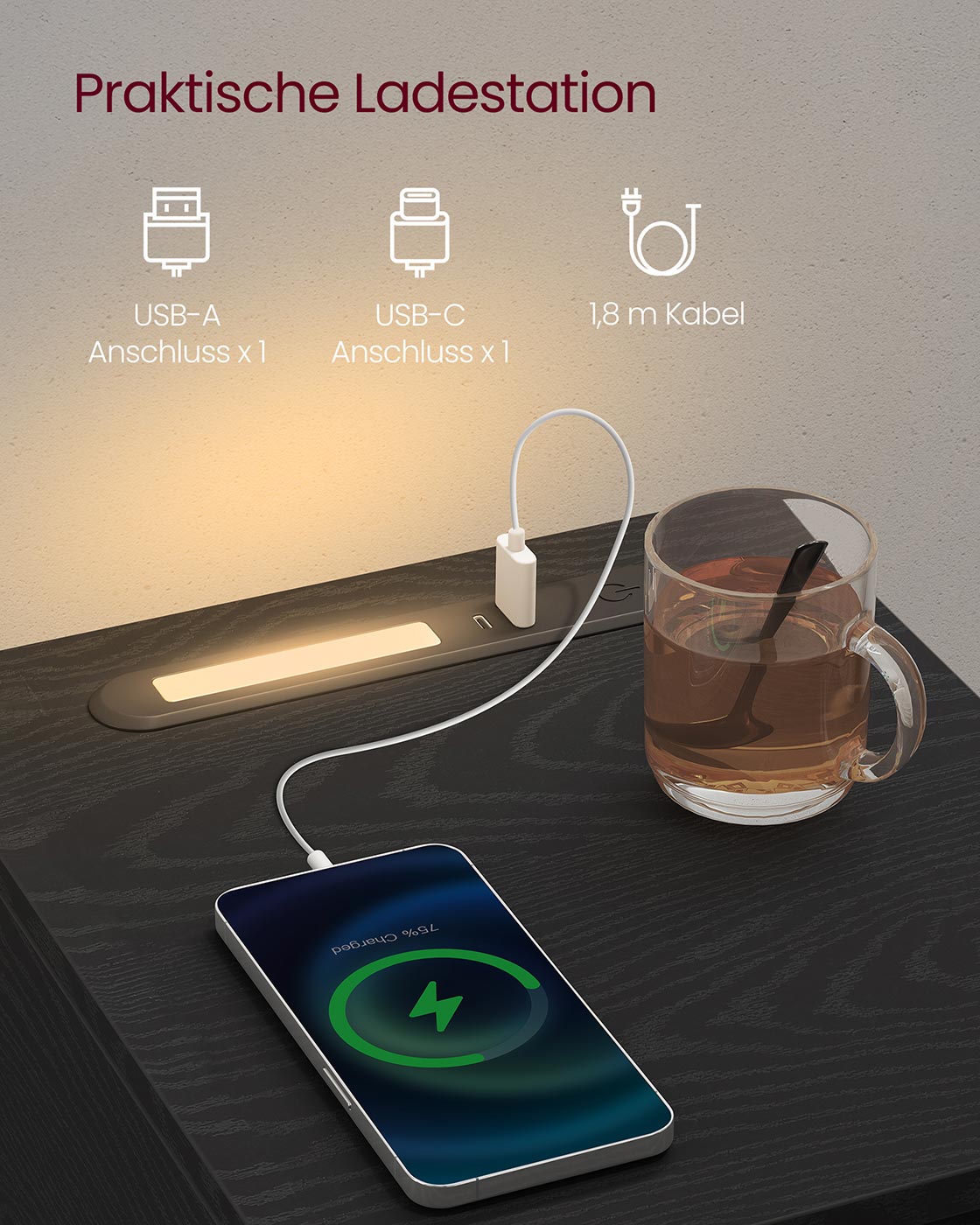 Nachttisch mit LED Beleuchtung USB Anschlüssen und Schublade
