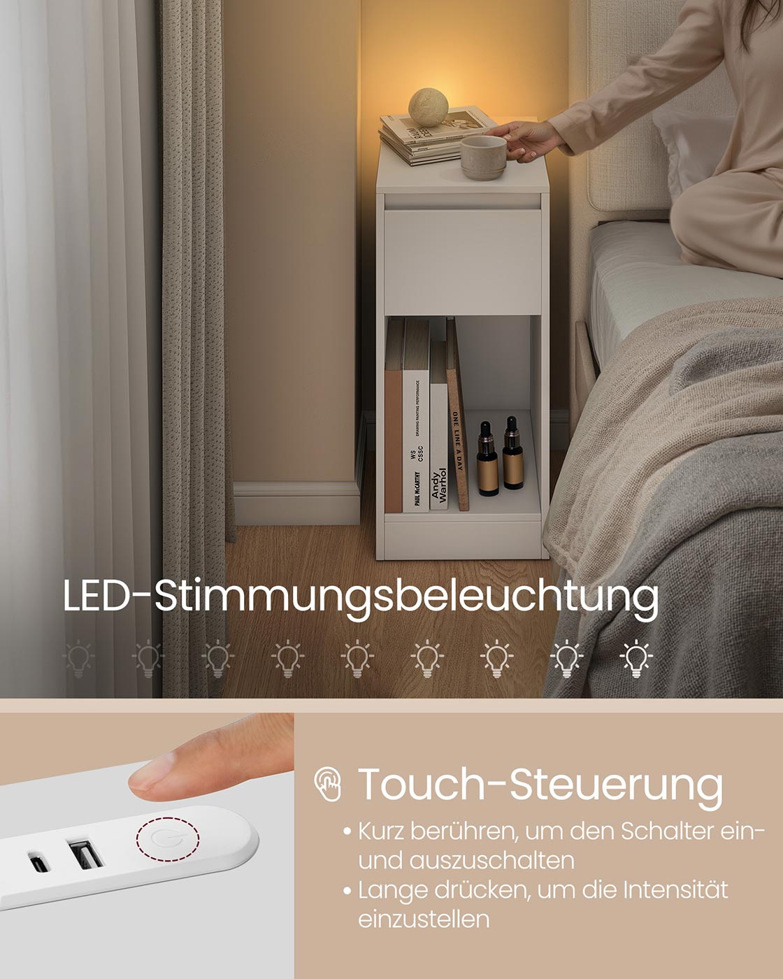 Nachttisch mit LED Beleuchtung USB Anschlüssen und Schublade