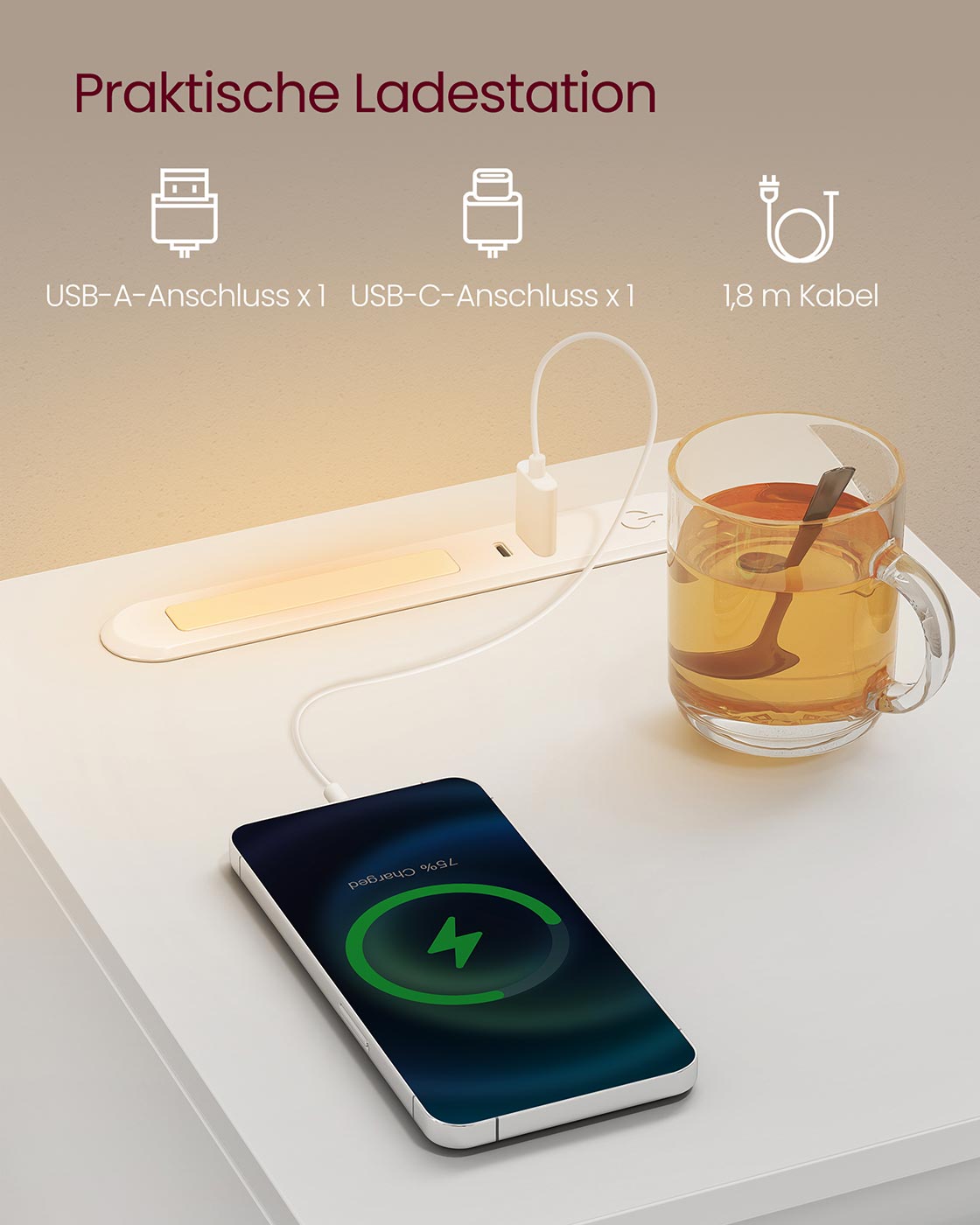 Nachttisch mit LED Beleuchtung USB Anschlüssen und Schublade