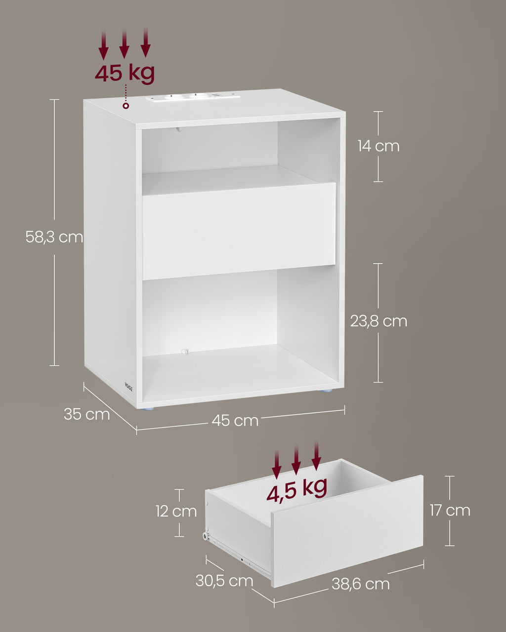 Nachttisch 2er Set mit Ladefunktion und Schublade mattweiß