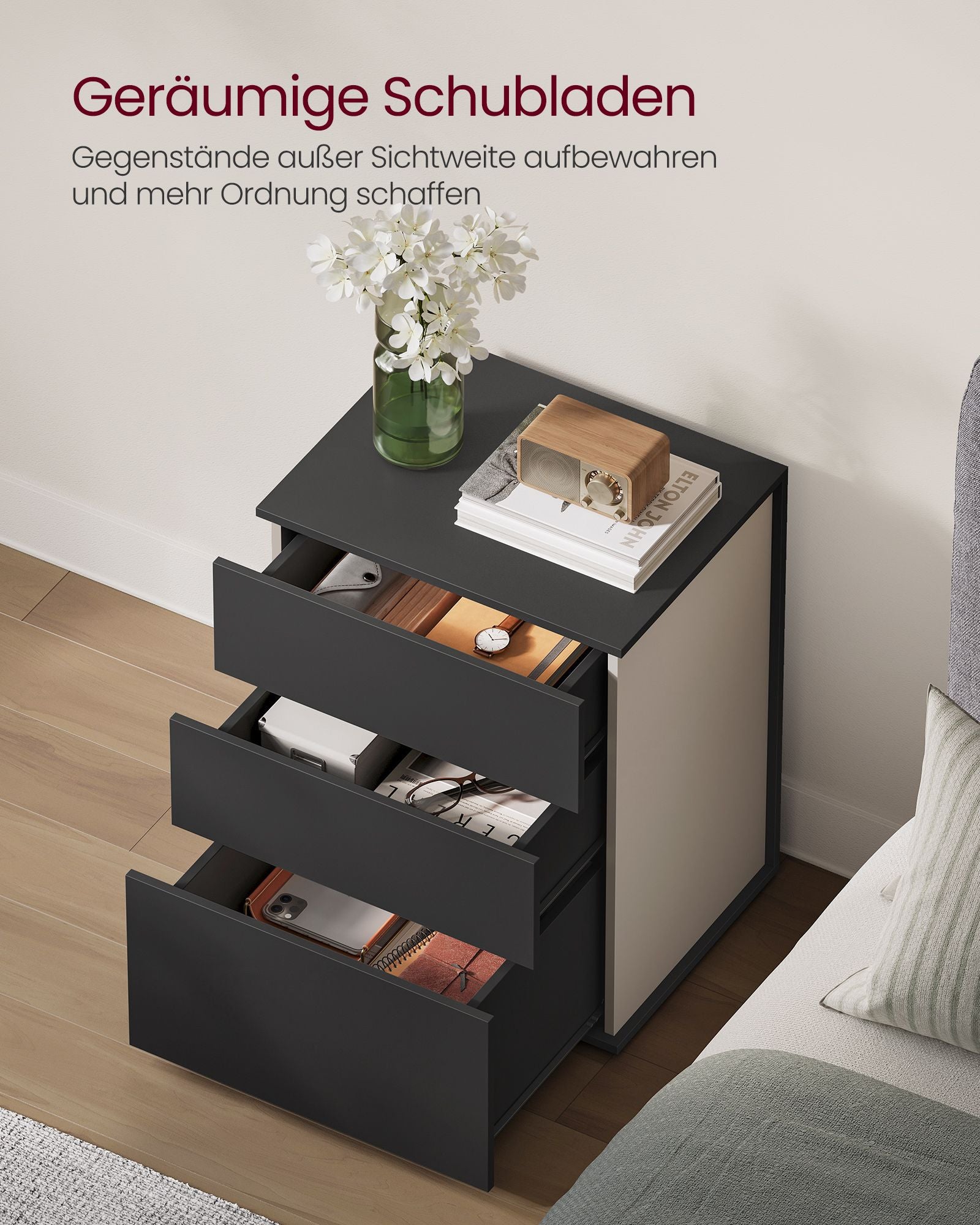 Nachttisch mit 3 Schubladen tintenschwarz-cappuccinobeige